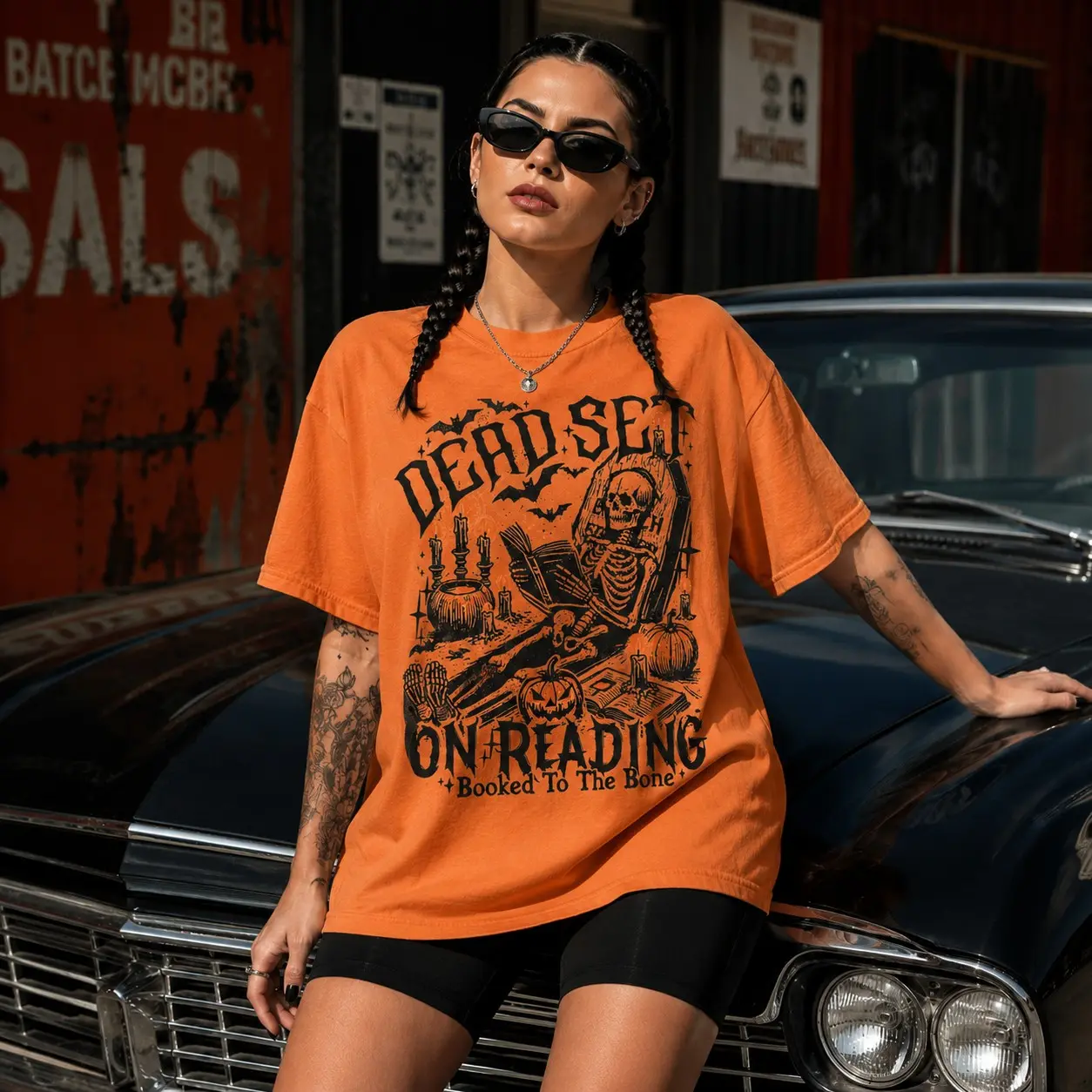 Comfort Colors Dead Set on Reading T-Shirt, Halloween Skeleton Funny Skellie Mama Spooky Season Book Lover Tee - photo 5