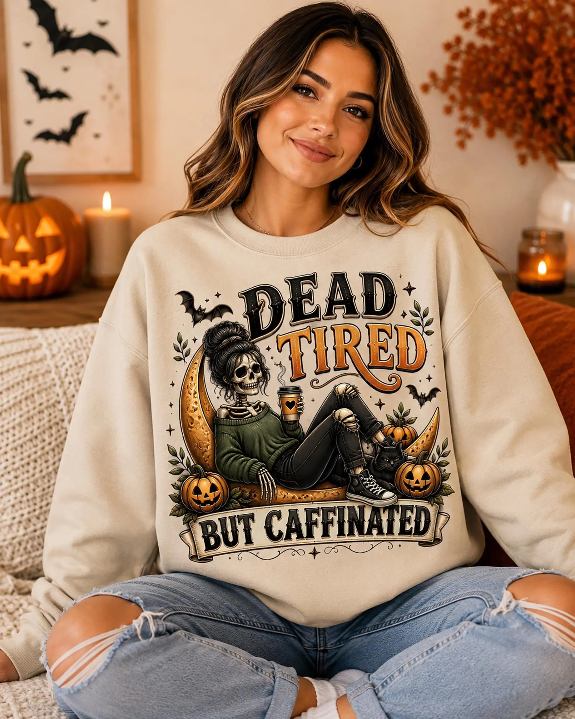 Dead Tired But Caffeinated Shirt, Halloween Skeleton Coffee Spooky Season Fall Graphic Tee