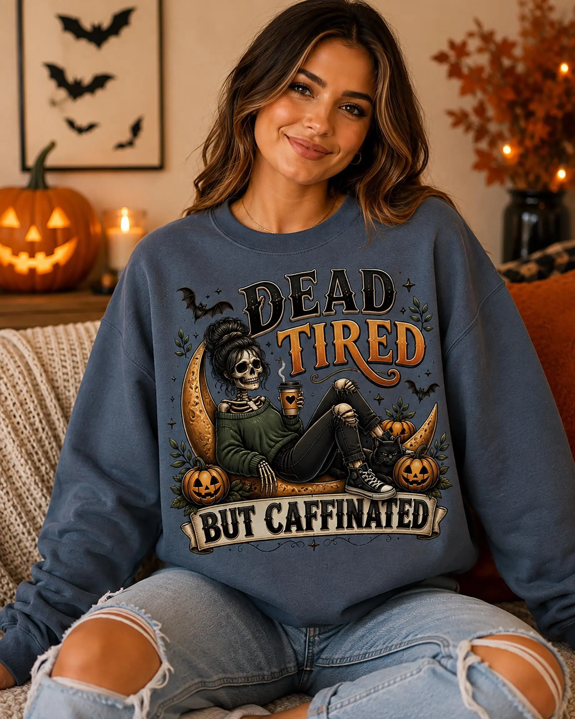 Dead Tired But Caffeinated Shirt, Halloween Skeleton Coffee Spooky Season Fall Graphic Tee - photo 3