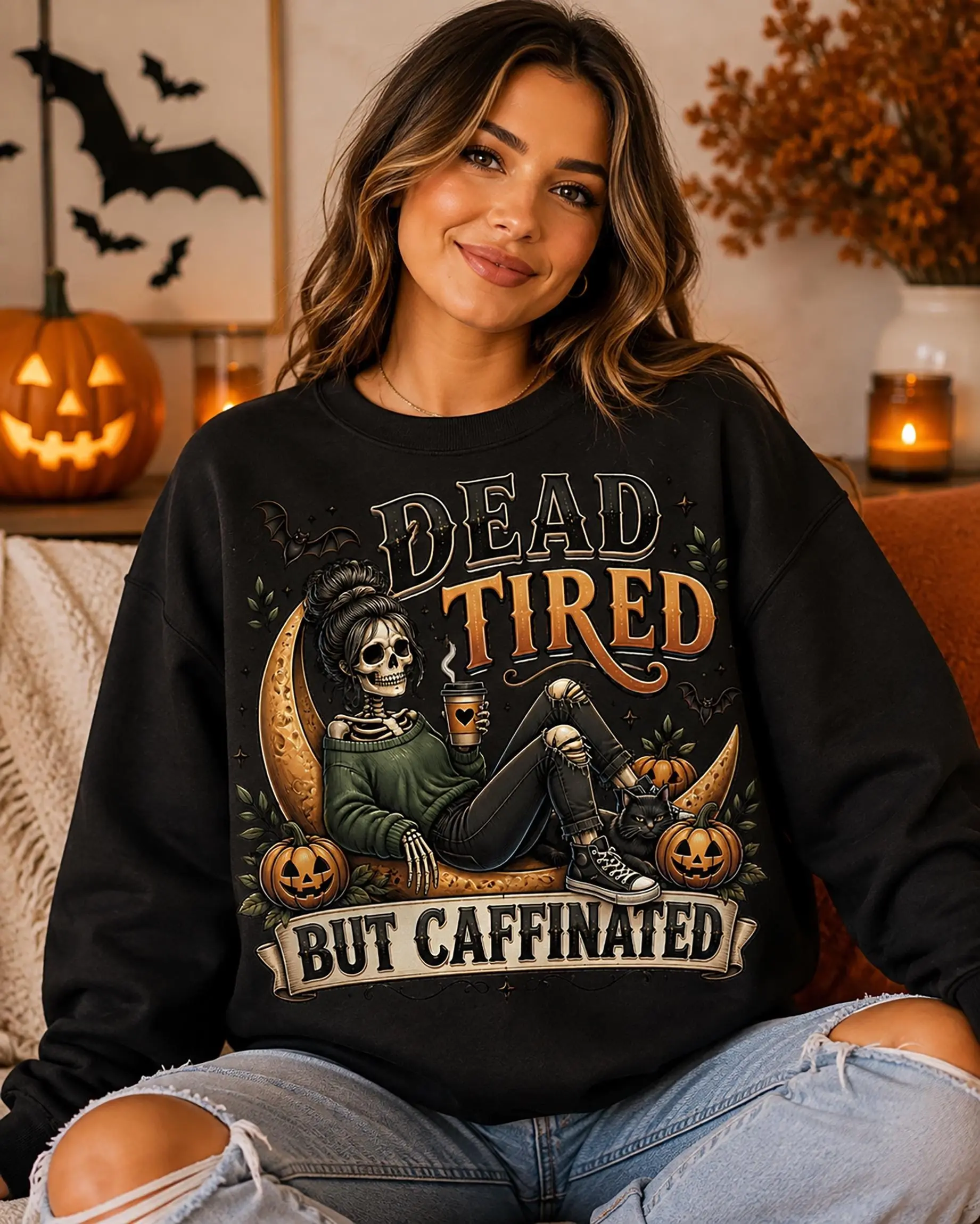 Dead Tired But Caffeinated Sweatshirt, Halloween Skeleton Coffee Spooky Season Fall Graphic Top - photo 2