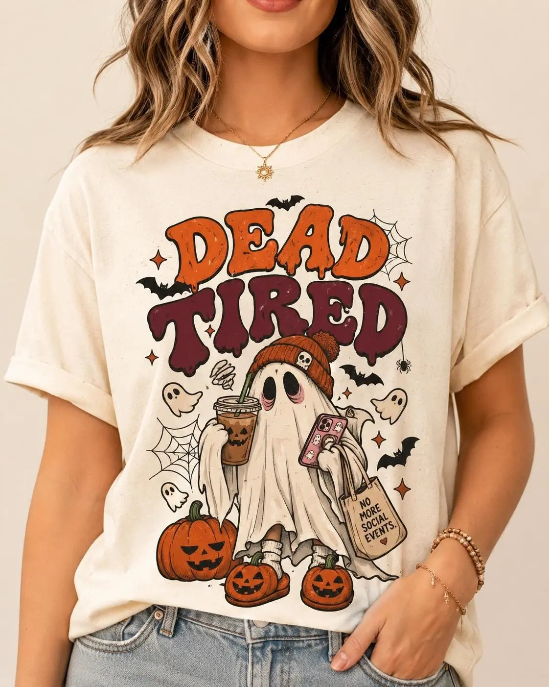Dead Tired ghost Halloween Shirt | spooky cartoon pumpkin bats
