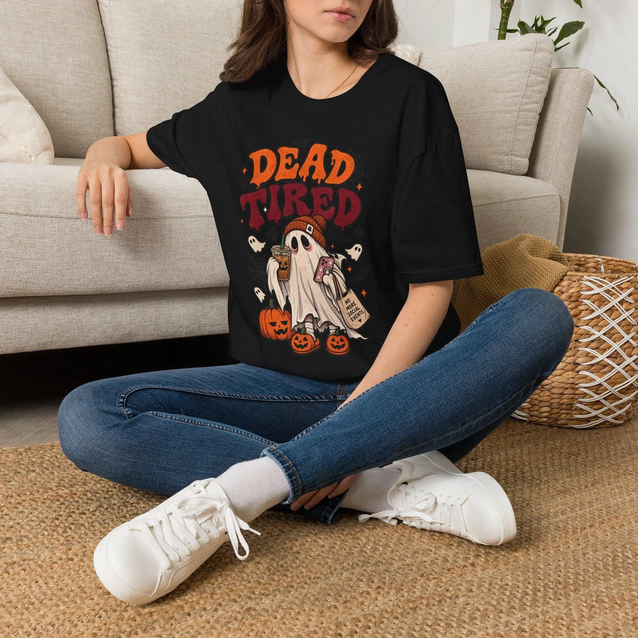 Dead Tired ghost Halloween Sweatshirt | spooky cartoon pumpkin bats - photo 2