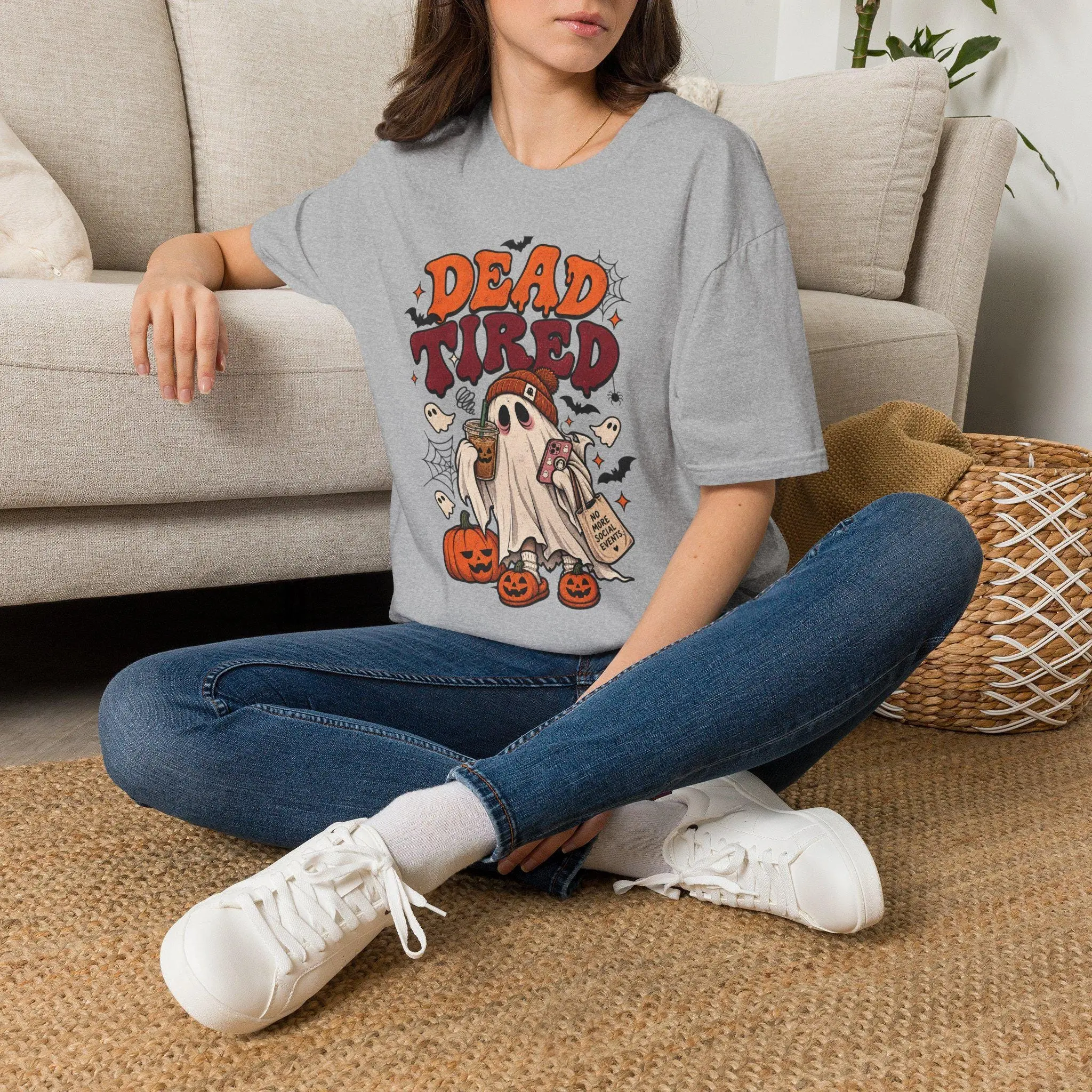 Dead Tired ghost Halloween Sweatshirt | spooky cartoon pumpkin bats - photo 3