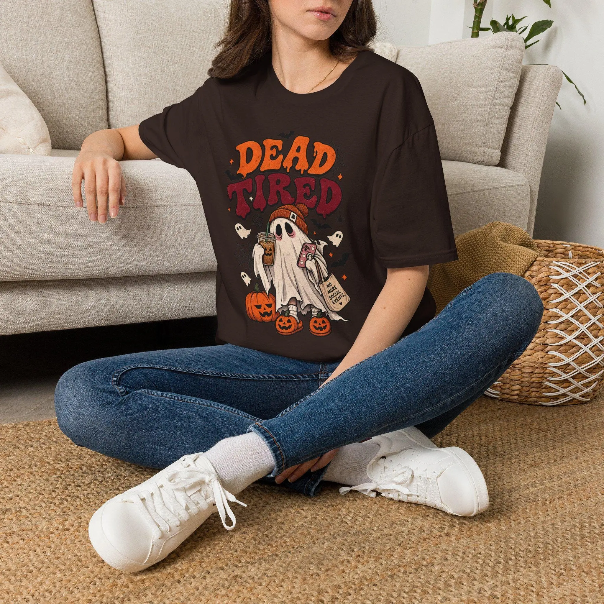Dead Tired ghost Halloween Sweatshirt | spooky cartoon pumpkin bats - photo 4