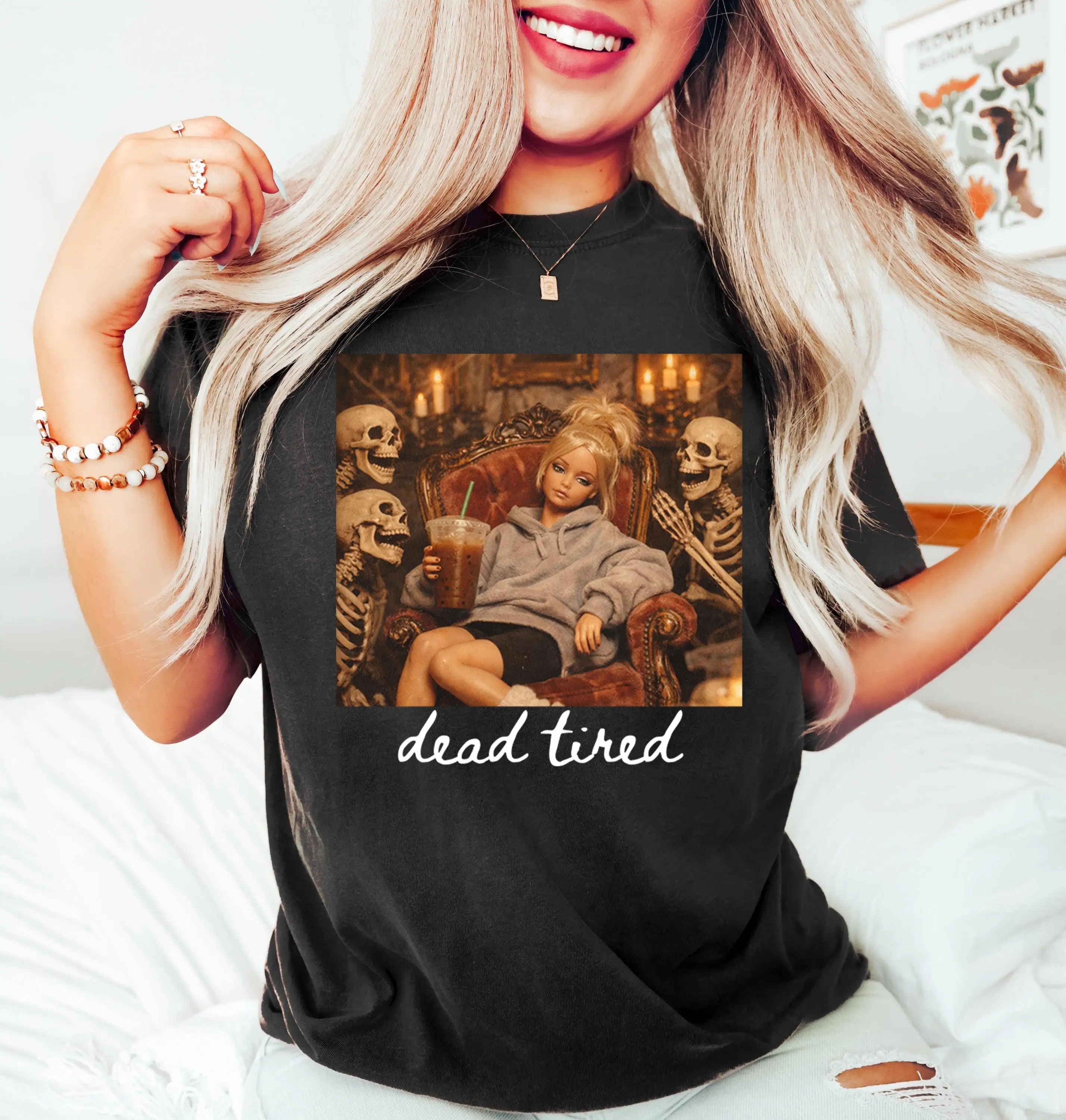 Dead Tired Shirt, Spooky Doll Face Halloween Tee, Sarcastic Coffee Aesthetic Graphic Gift for Mom