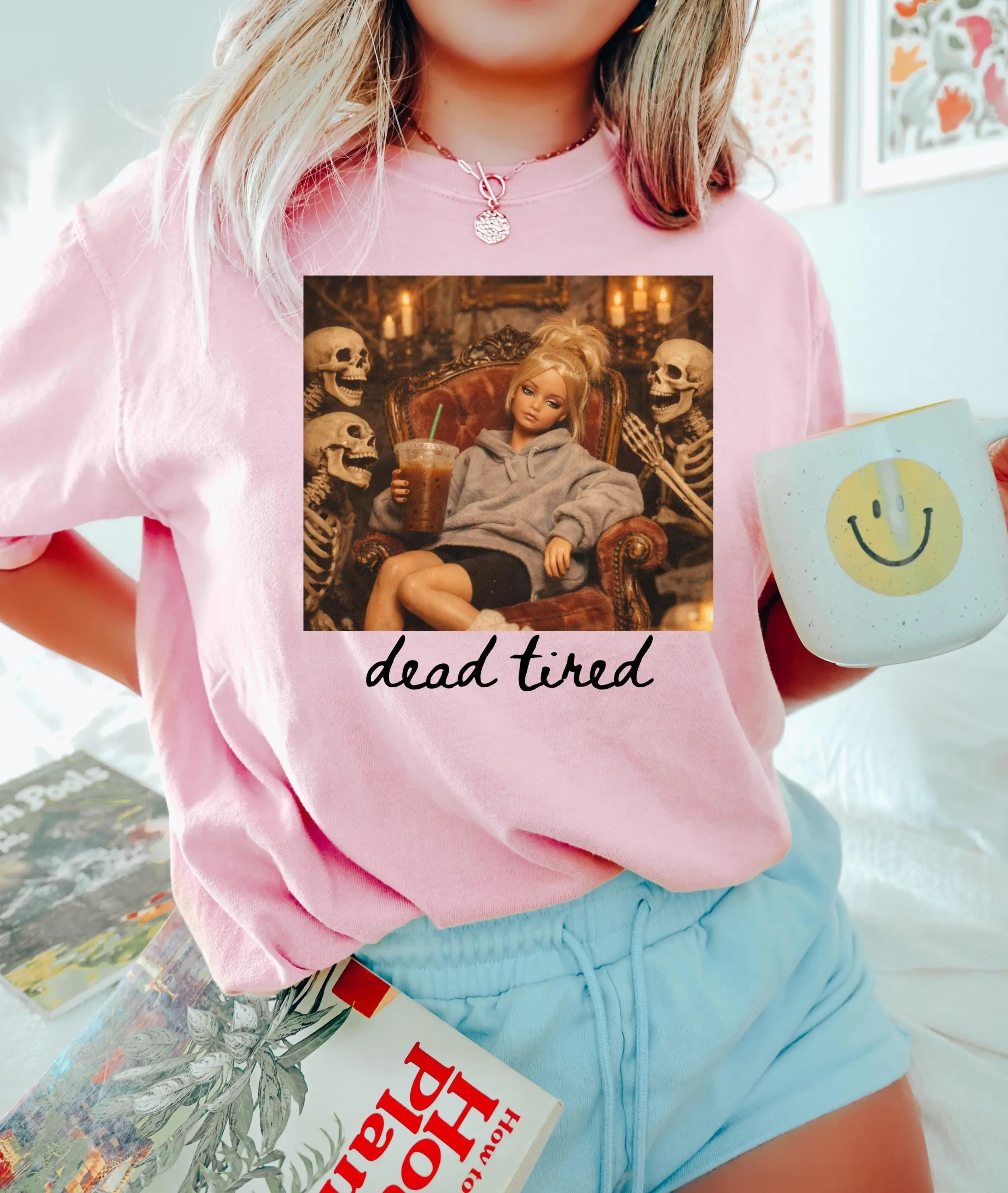 Dead Tired Shirt, Spooky Doll Face Halloween Tee, Sarcastic Coffee Aesthetic Graphic Gift for Mom - photo 2