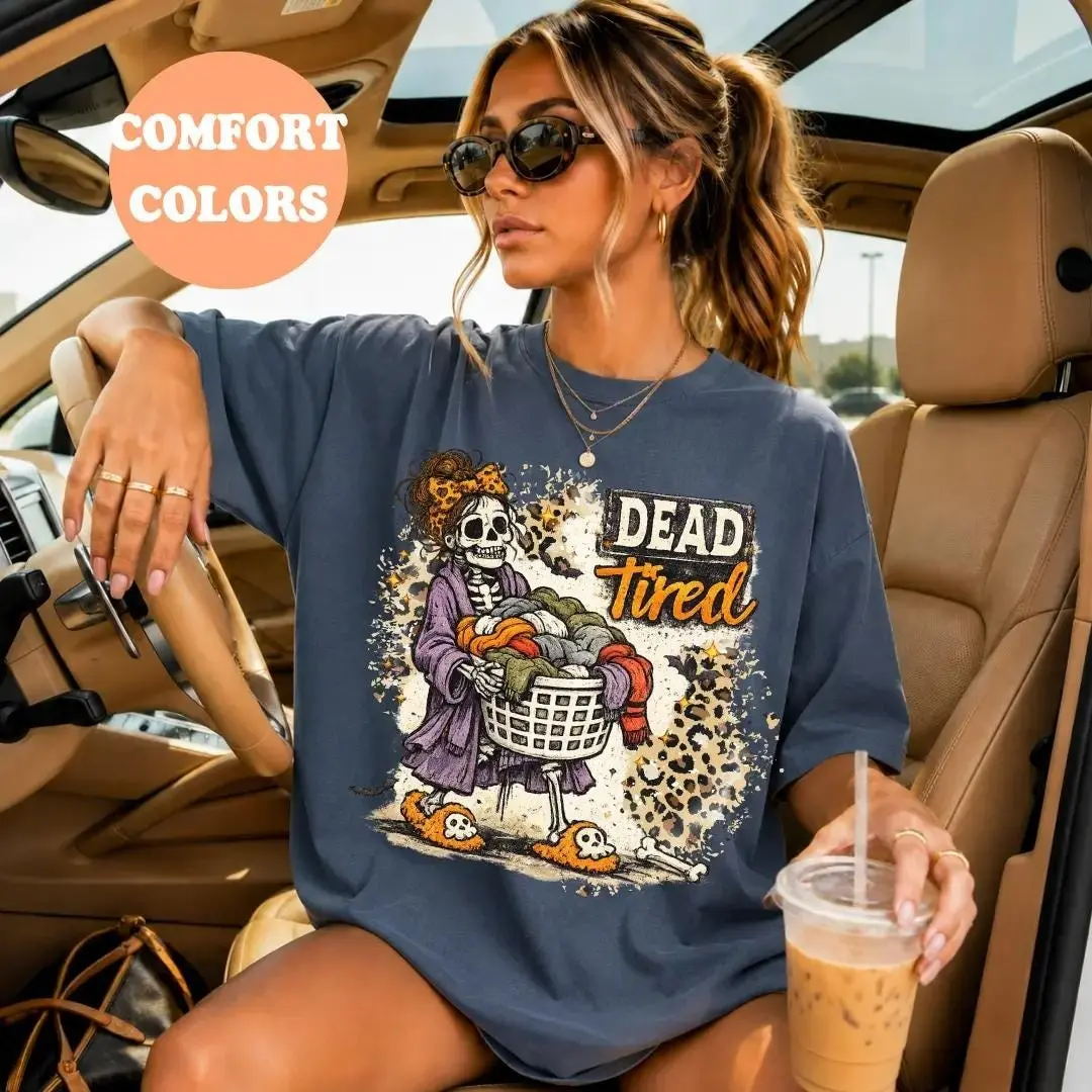 Dead Tired Skeleton Laundry Mom Sweatshirt, Funny Sarcastic Mama Life Vintage Graphic Top, Mother's Day Gift - photo 3