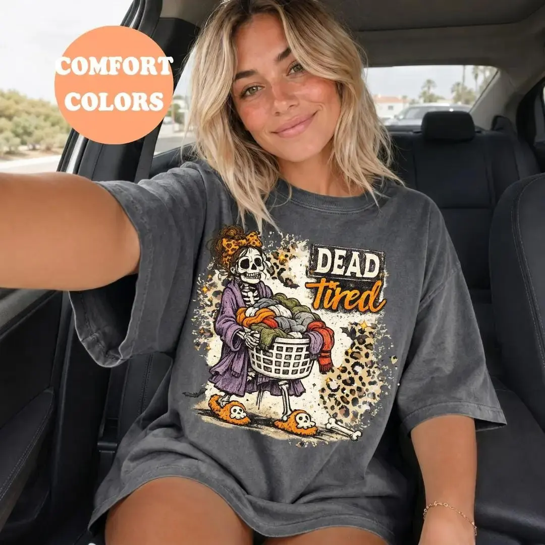 Dead Tired Skeleton Laundry Mom Sweatshirt, Funny Sarcastic Mama Life Vintage Graphic Top, Mother's Day Gift - photo 4