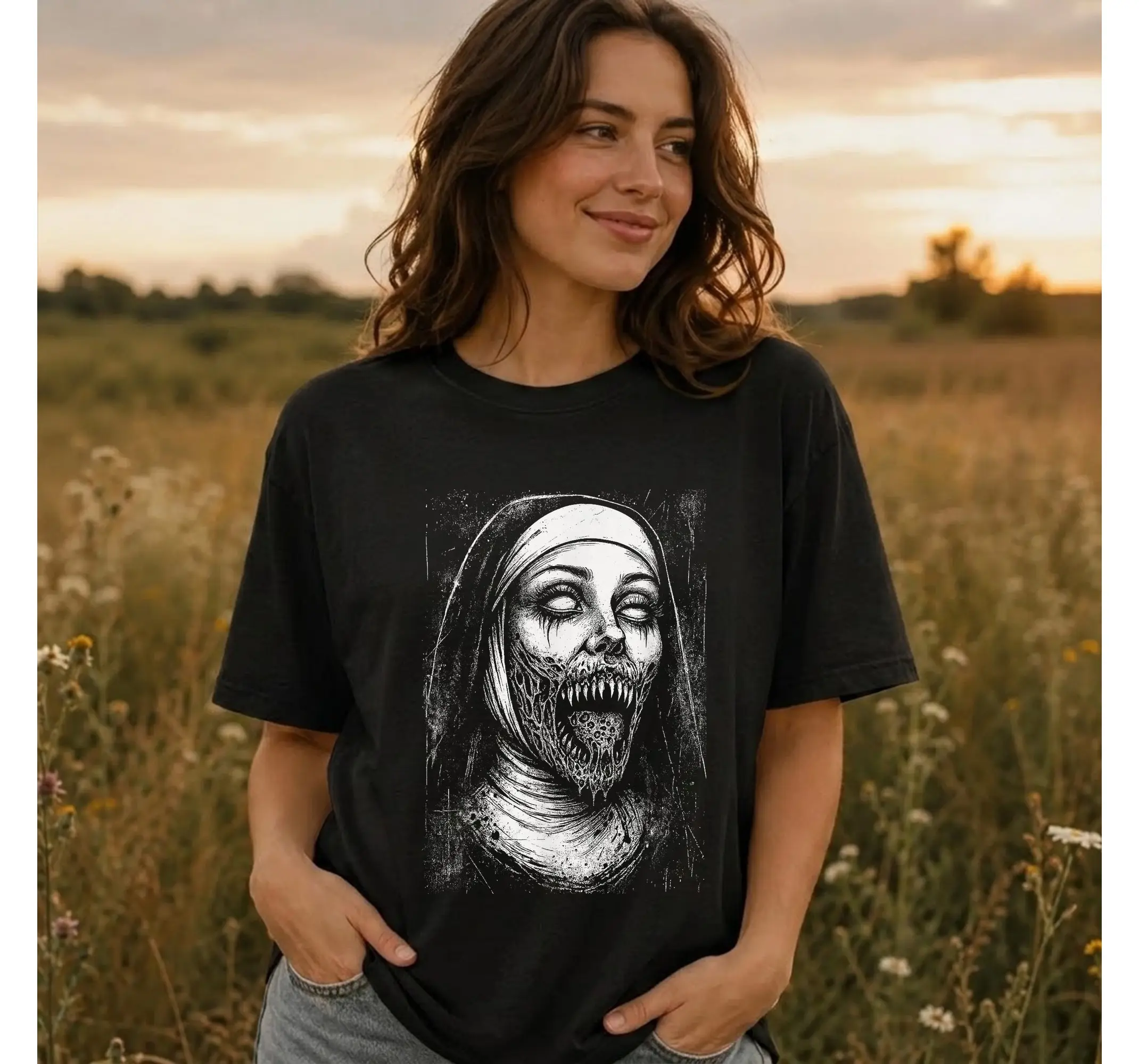 Demonic Nun Graphic Tee, Gothic Dark Aesthetic Occult Spooky Macabre Alt Clothing Shirt