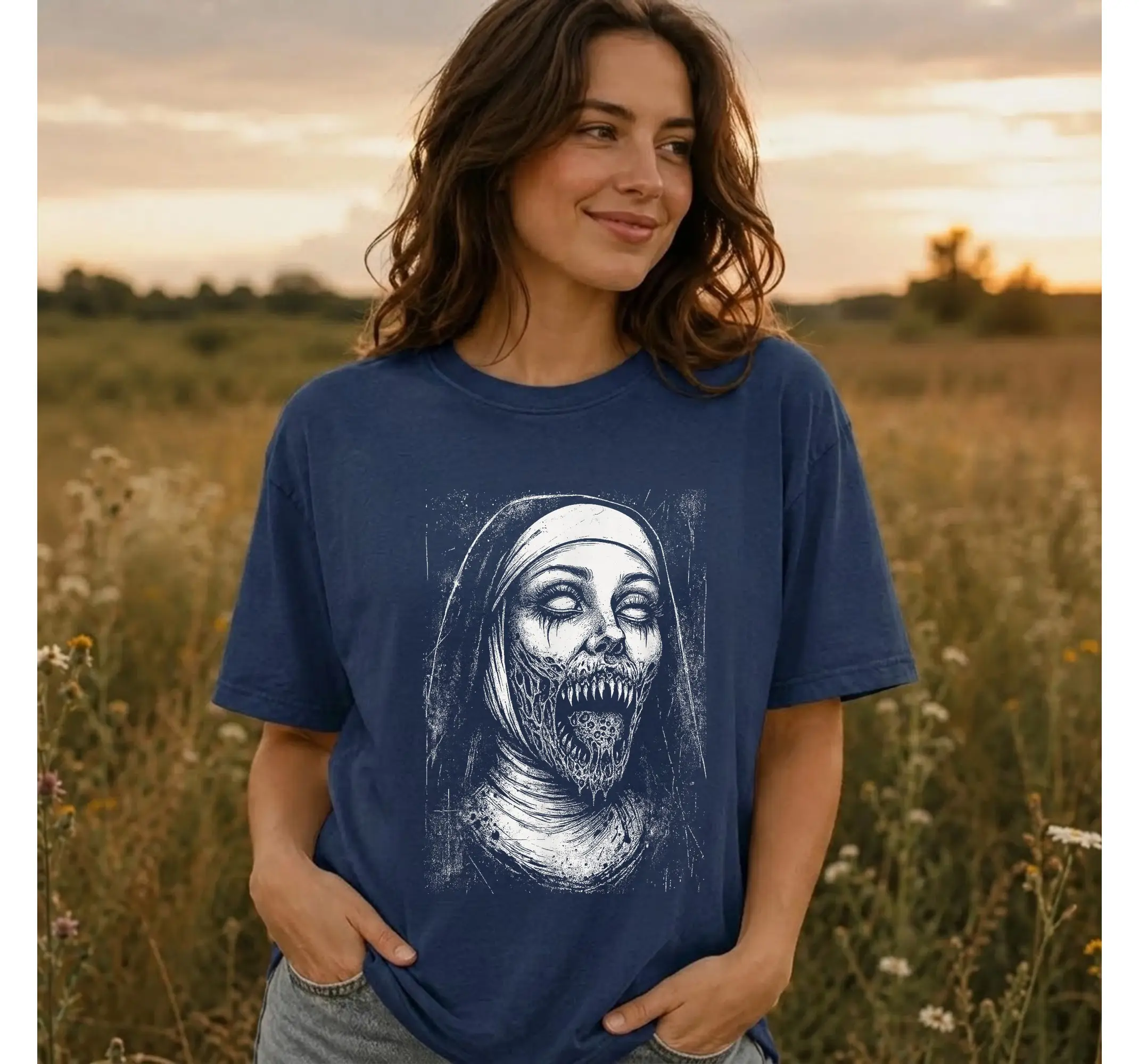 Demonic Nun Graphic Tee, Gothic Dark Aesthetic Occult Spooky Macabre Alt Clothing Shirt - photo 3