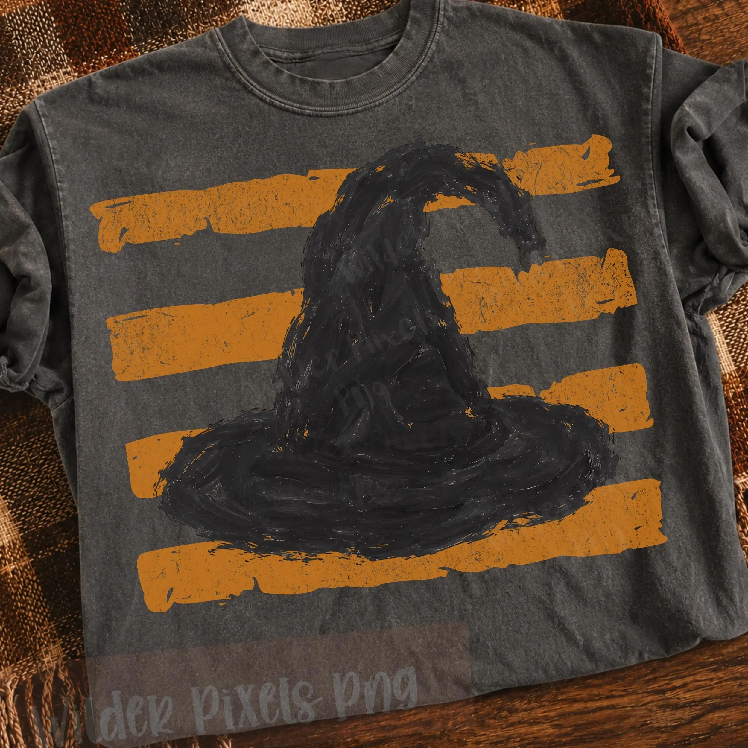 Distressed Witch Hat Pumpkin Stripes Sweatshirt, Finger Paint Autumn Cozy Minimalist Mom Fall Crewneck - photo 2