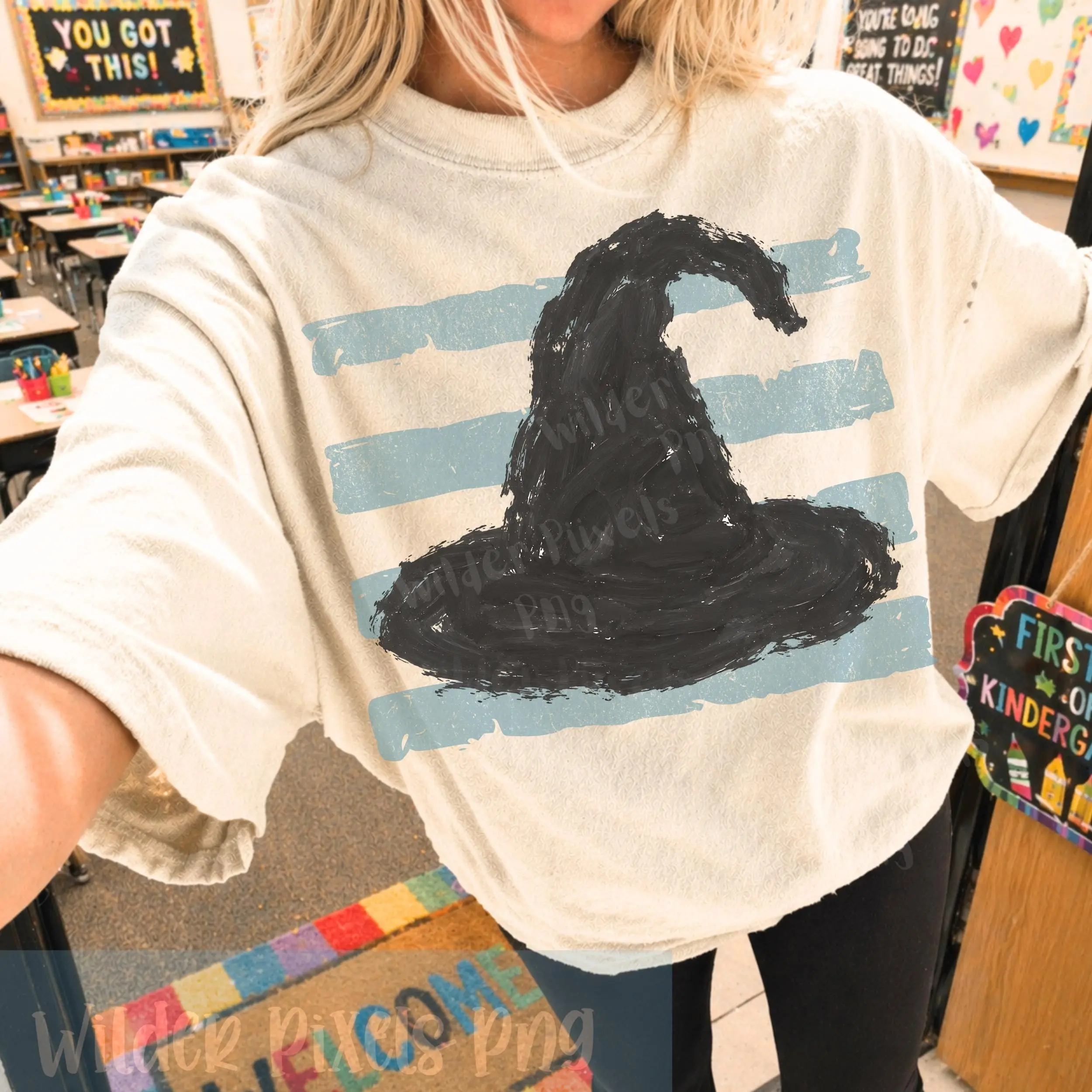 Distressed Witch Hat Pumpkin Stripes Sweatshirt, Finger Paint Autumn Cozy Minimalist Mom Fall Crewneck - photo 3