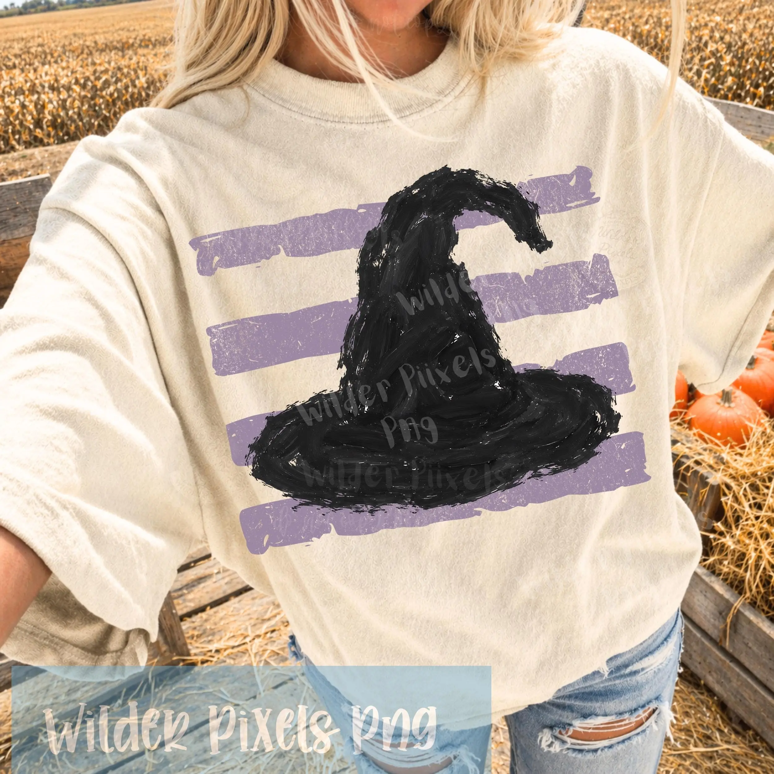 Distressed Witch Hat Pumpkin Stripes Sweatshirt, Finger Paint Autumn Cozy Minimalist Mom Fall Crewneck - photo 4