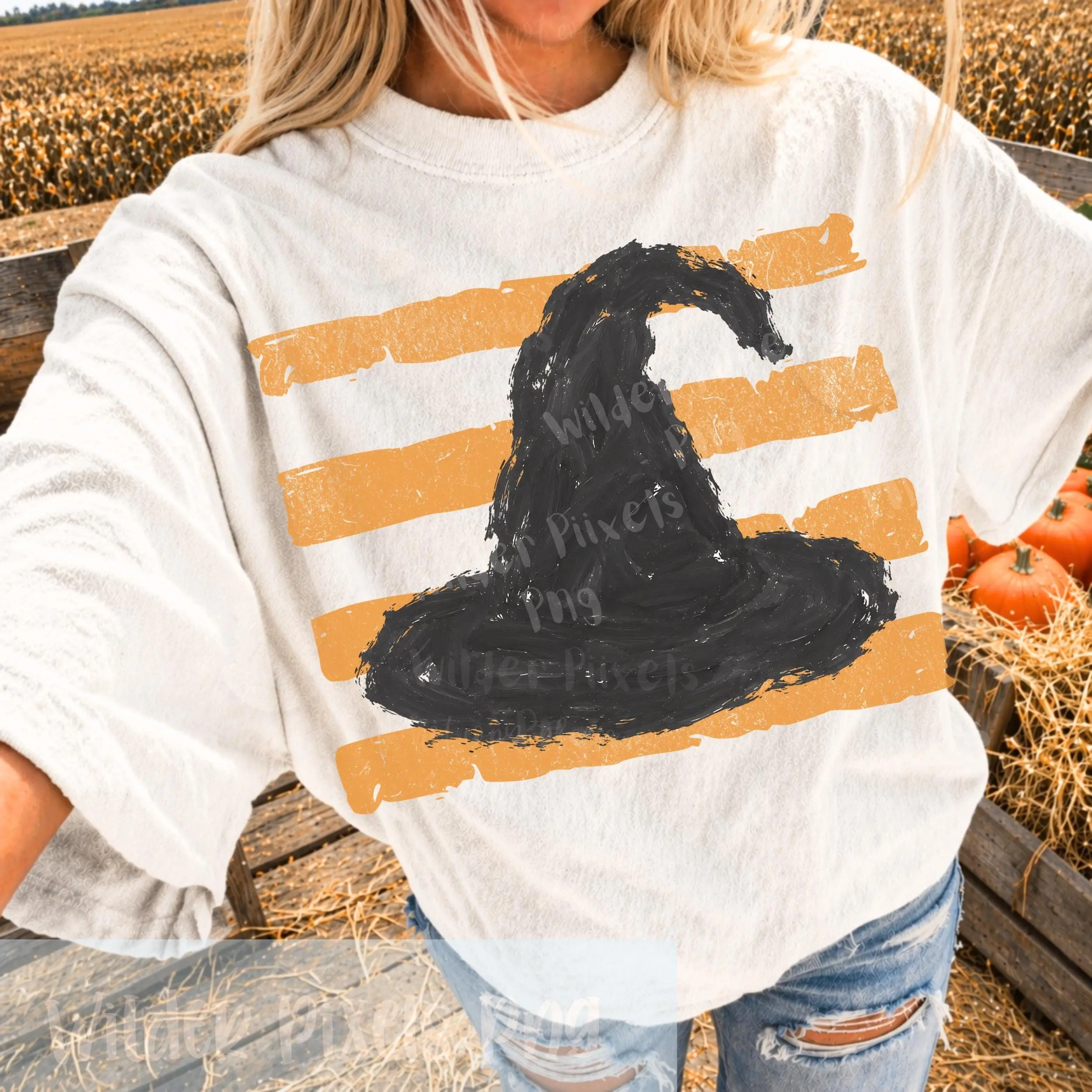 Distressed Witch Hat Pumpkin Stripes Sweatshirt, Finger Paint Autumn Cozy Minimalist Mom Fall Crewneck - photo 5
