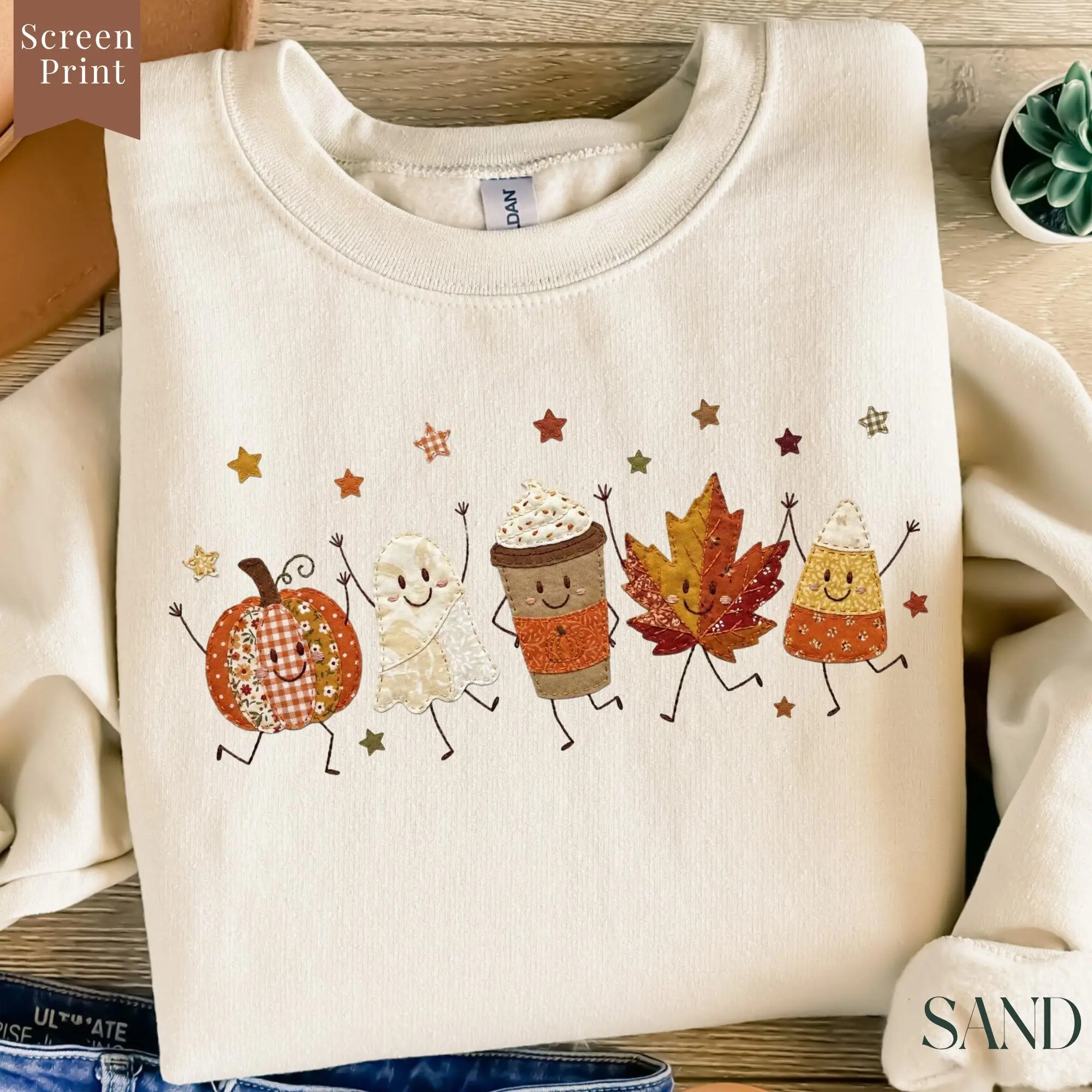 Doodle Fall Sweatshirt, Patchwork Pumpkin Spice Latte Crewneck, Spooky Season Gift