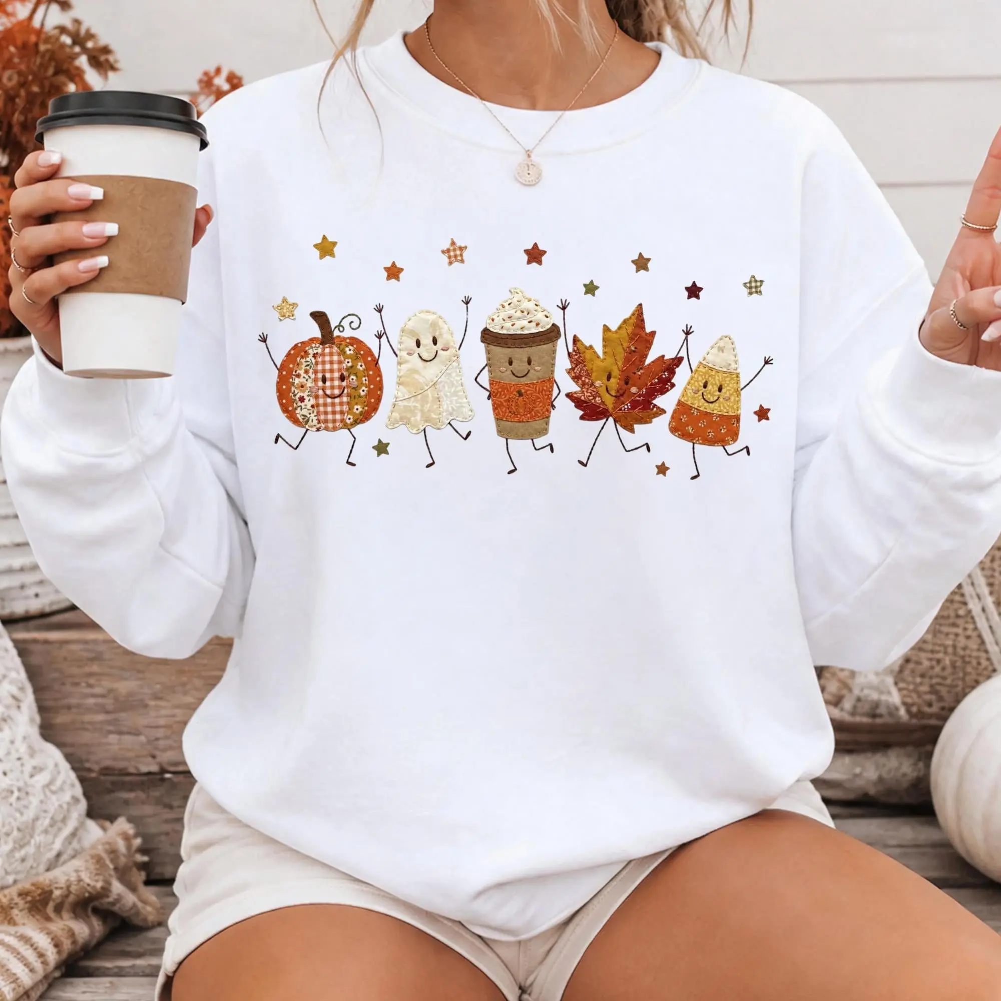 Doodle Fall Sweatshirt, Patchwork Pumpkin Spice Latte Crewneck, Spooky Season Gift - photo 2