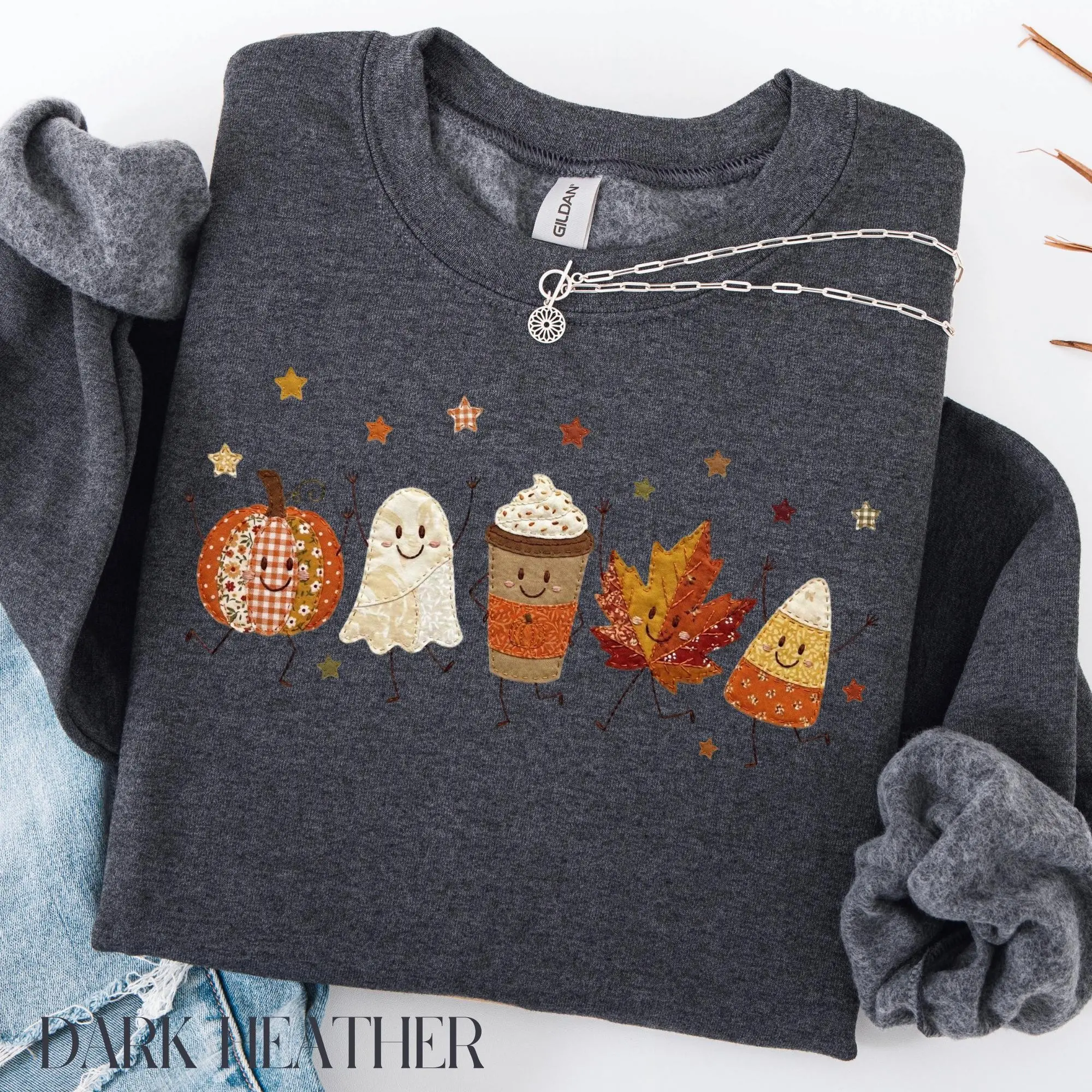 Doodle Fall Sweatshirt, Patchwork Pumpkin Spice Latte Crewneck, Spooky Season Gift - photo 3