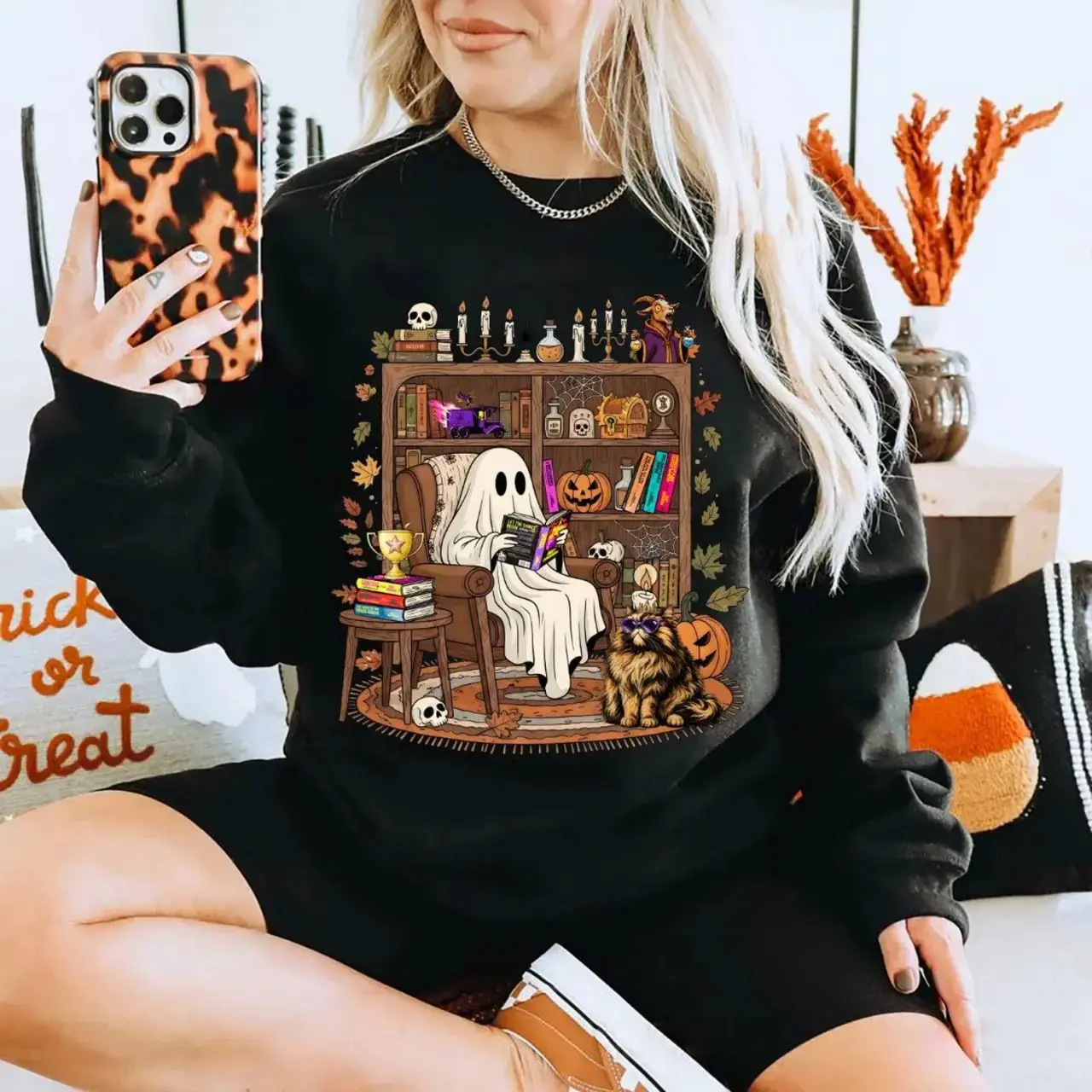 Dungeon Crawler Carl Ghost Sweatshirt, Halloween Scifi Book Lover Crewneck Shirt