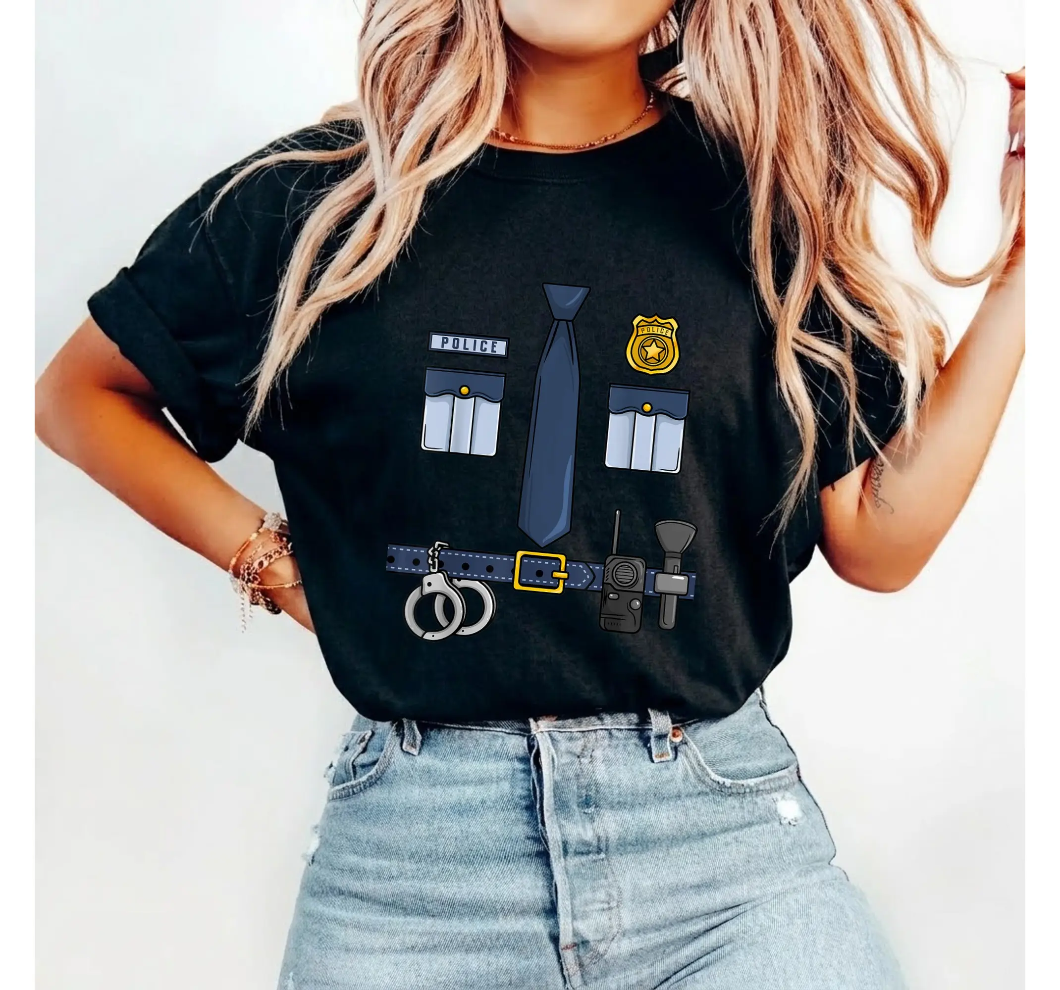 Easy Police Officer Uniform Shirt, Halloween Cop Costume Graphic Tee for Adults