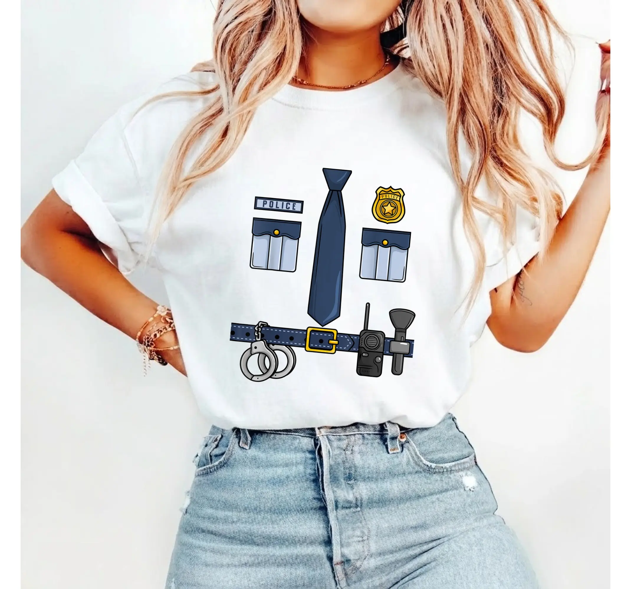 Easy Police Officer Uniform Shirt, Halloween Cop Costume Graphic Tee for Adults - photo 2