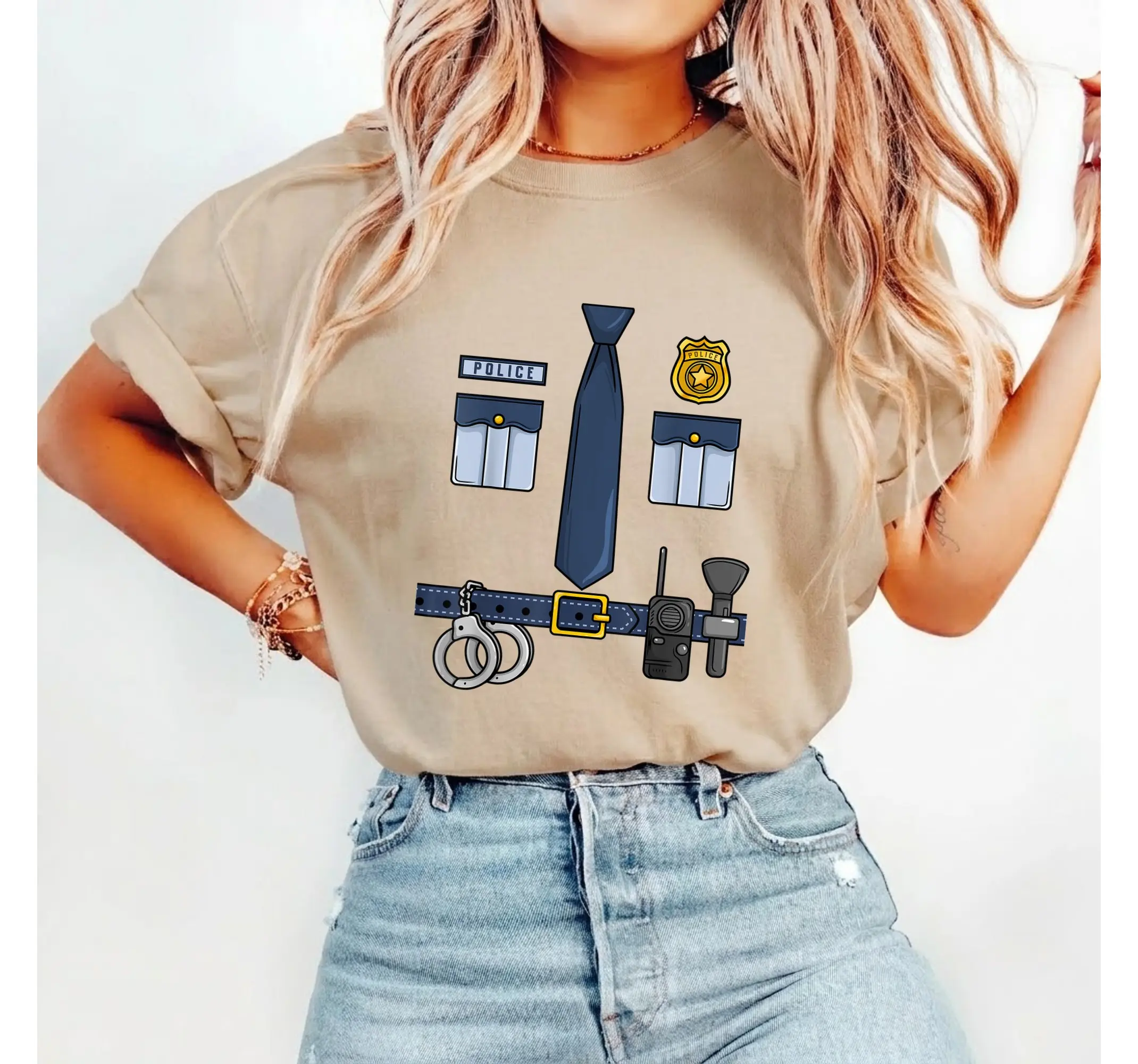 Easy Police Officer Uniform Shirt, Halloween Cop Costume Graphic Tee for Adults - photo 3