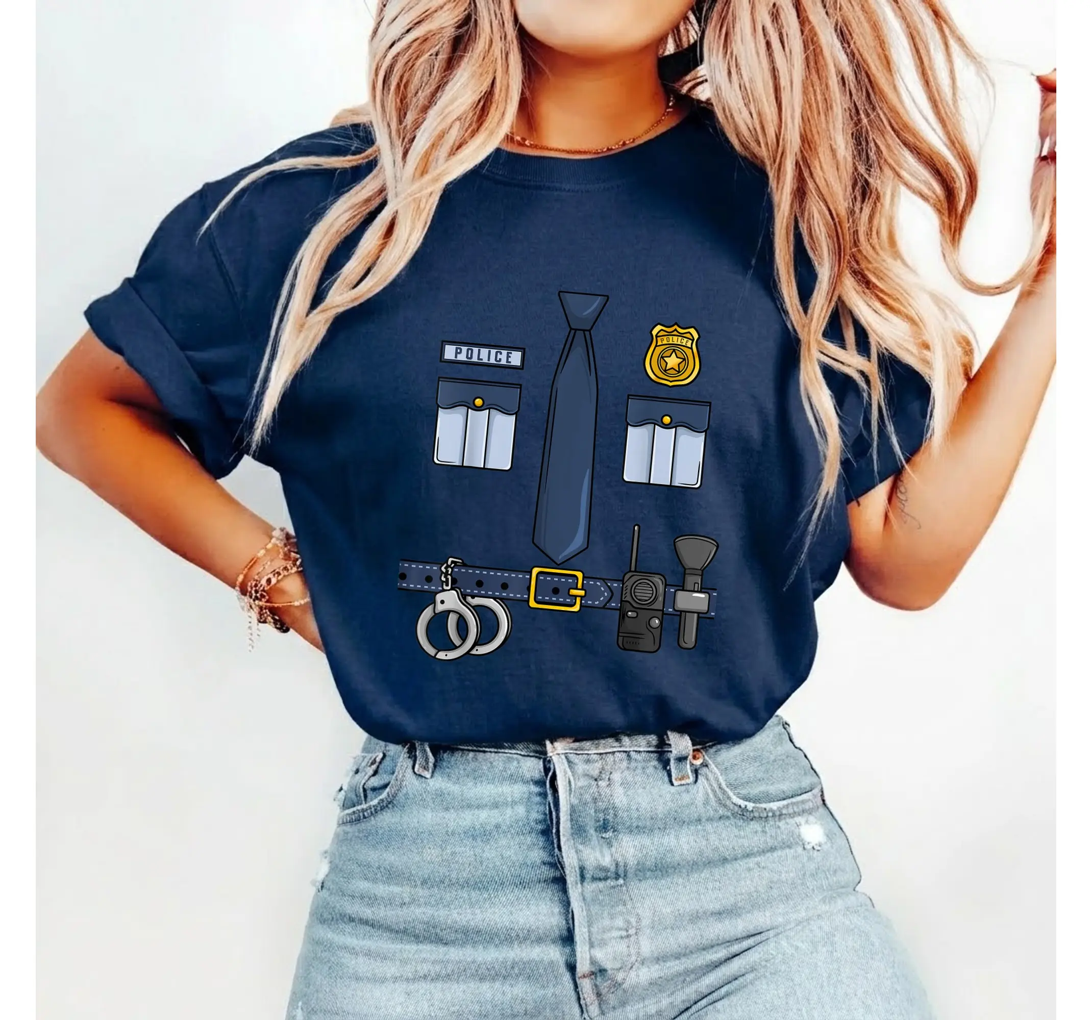 Easy Police Officer Uniform Shirt, Halloween Cop Costume Graphic Tee for Adults - photo 4