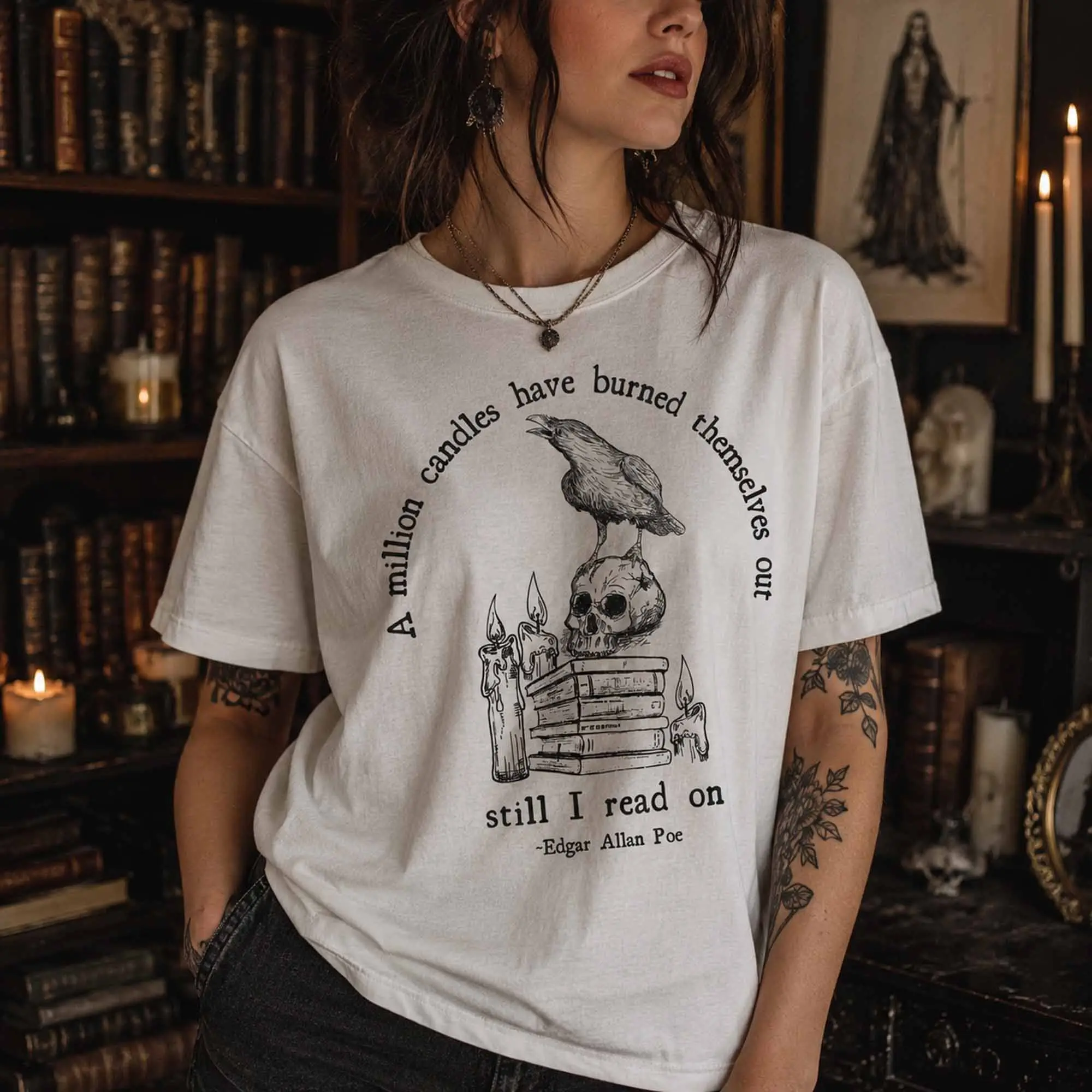 Edgar Allan Poe Skull Shirt, Comfort Colors Raven Bookish Poet Tee, Dark Academia Gothic Cottagecore Tshirt - photo 2
