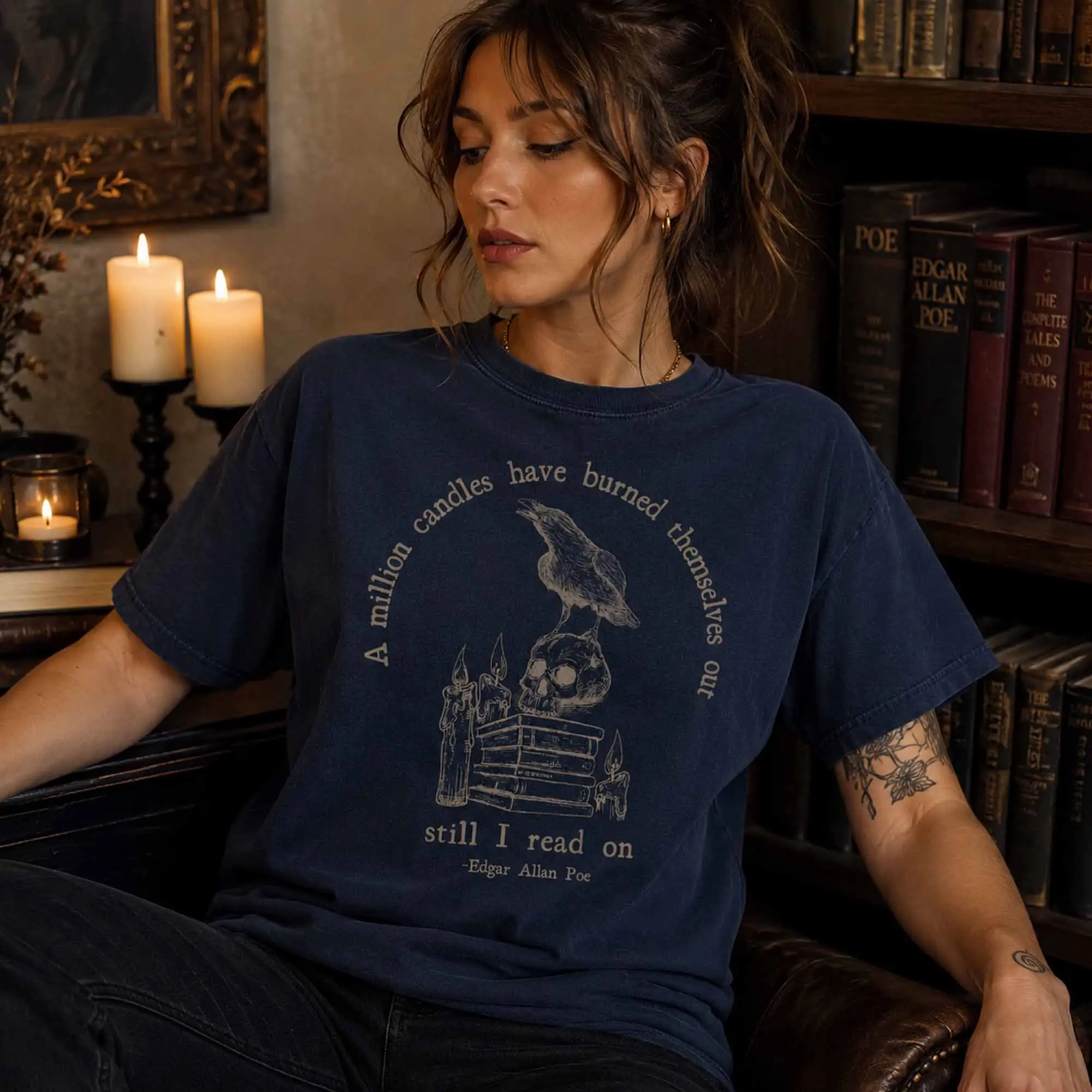 Edgar Allan Poe Skull Shirt, Comfort Colors Raven Bookish Poet Tee, Dark Academia Gothic Cottagecore Tshirt - photo 3