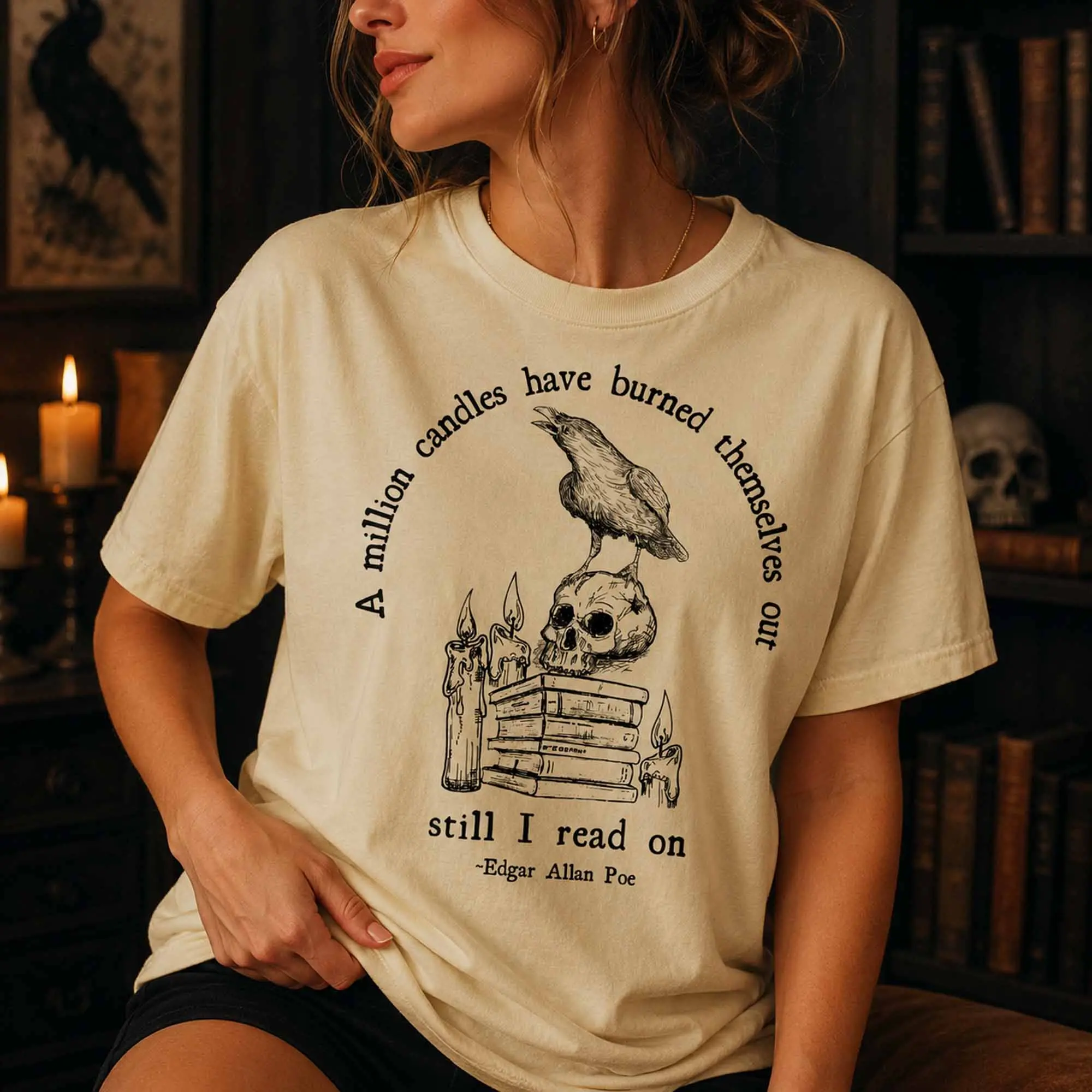 Edgar Allan Poe Skull Shirt, Comfort Colors Raven Bookish Poet Tee, Dark Academia Gothic Cottagecore Tshirt - photo 4