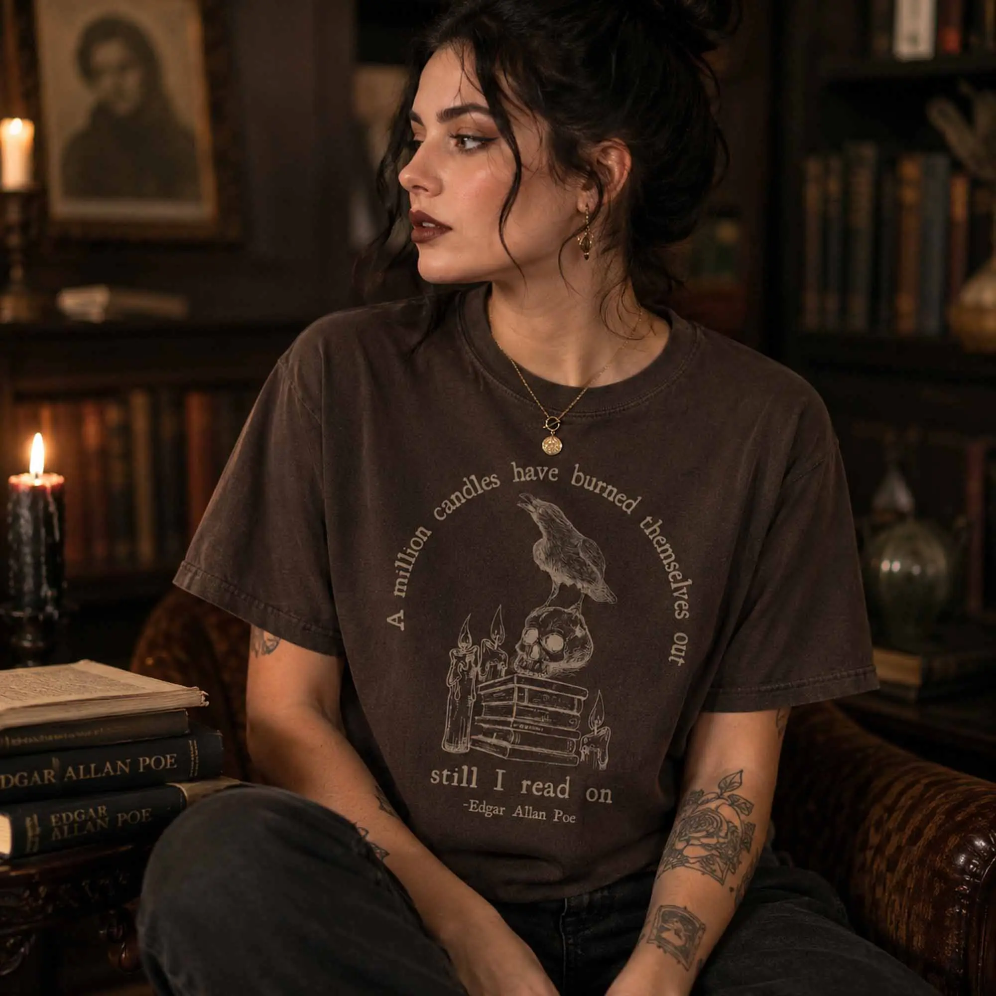 Edgar Allan Poe Skull Shirt, Comfort Colors Raven Bookish Poet Tee, Dark Academia Gothic Cottagecore Tshirt - photo 5