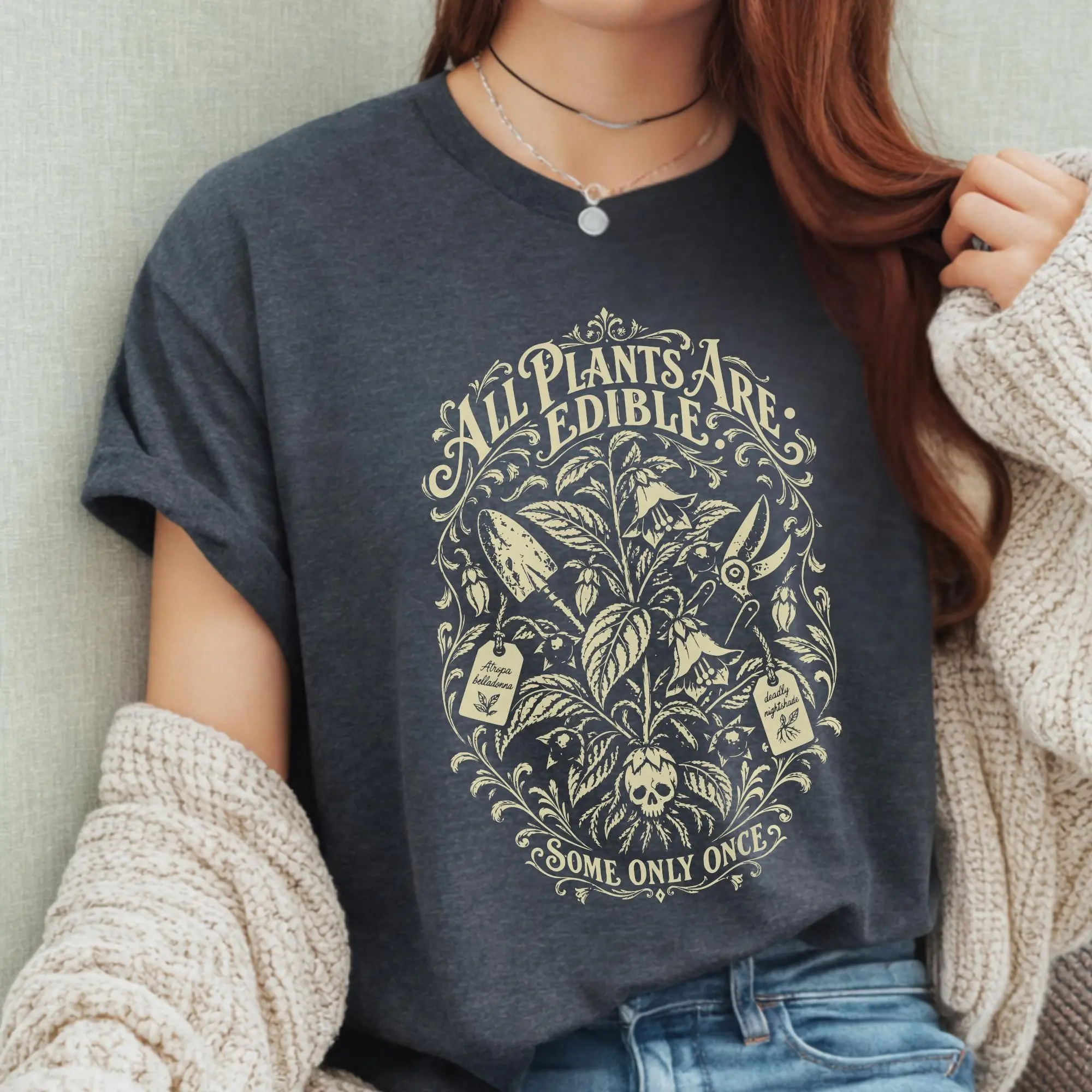Edible Plants Herbology Poison Halloween Shirt, Funny Deadly Nightshade Botanical Grunge Gothic Skull Tee