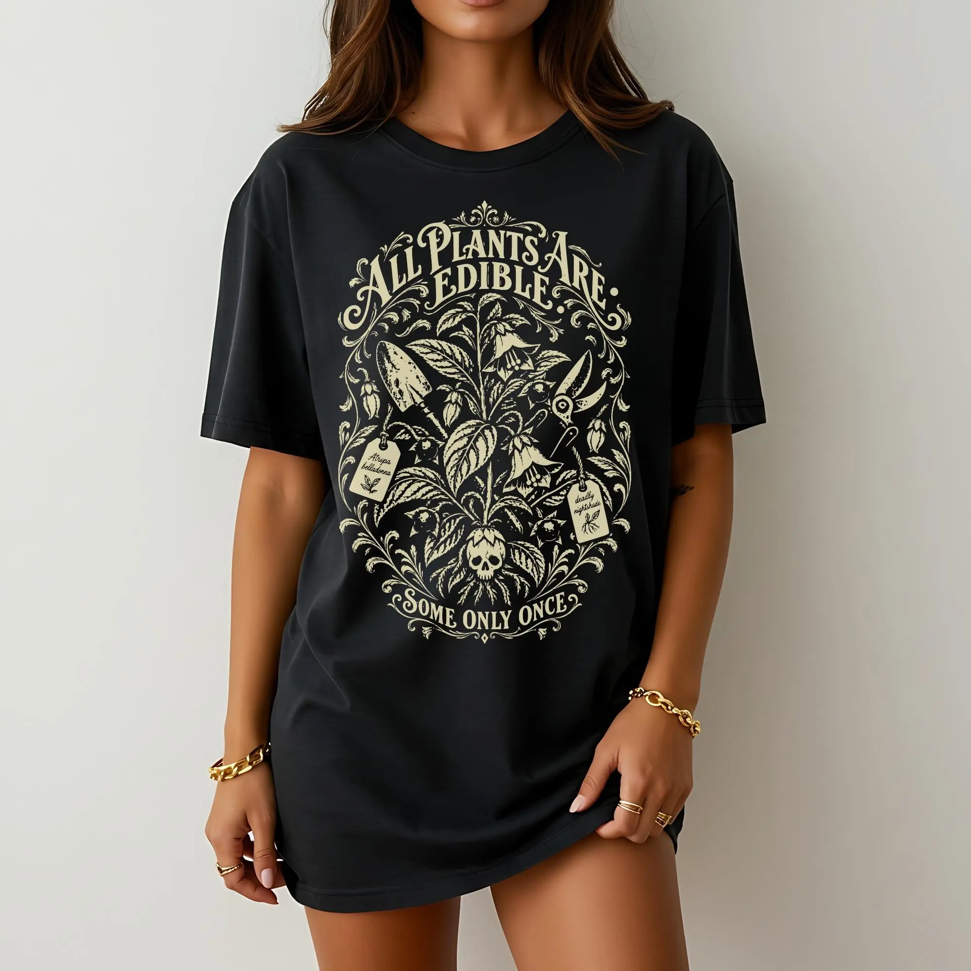 Edible Plants Herbology Poison Halloween Shirt, Funny Deadly Nightshade Botanical Grunge Gothic Skull Tee - photo 3