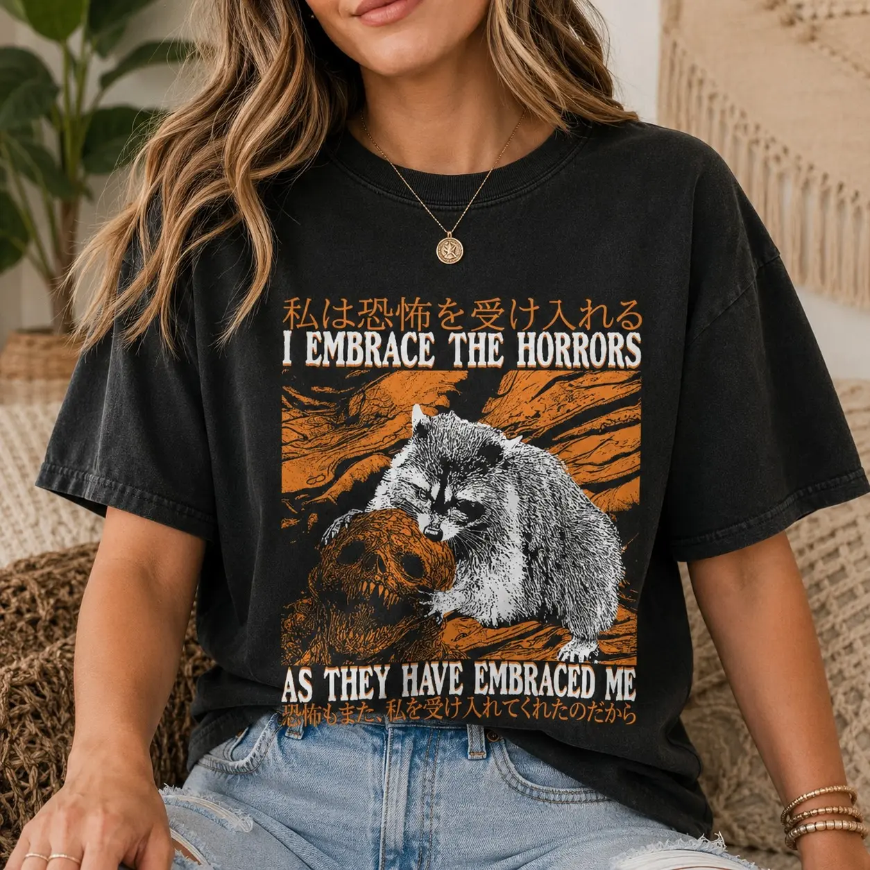 Embrace the Horrors Raccoon Graphic Shirt for Women, Vintage Halloween Tee, Spooky Season Lover Gift