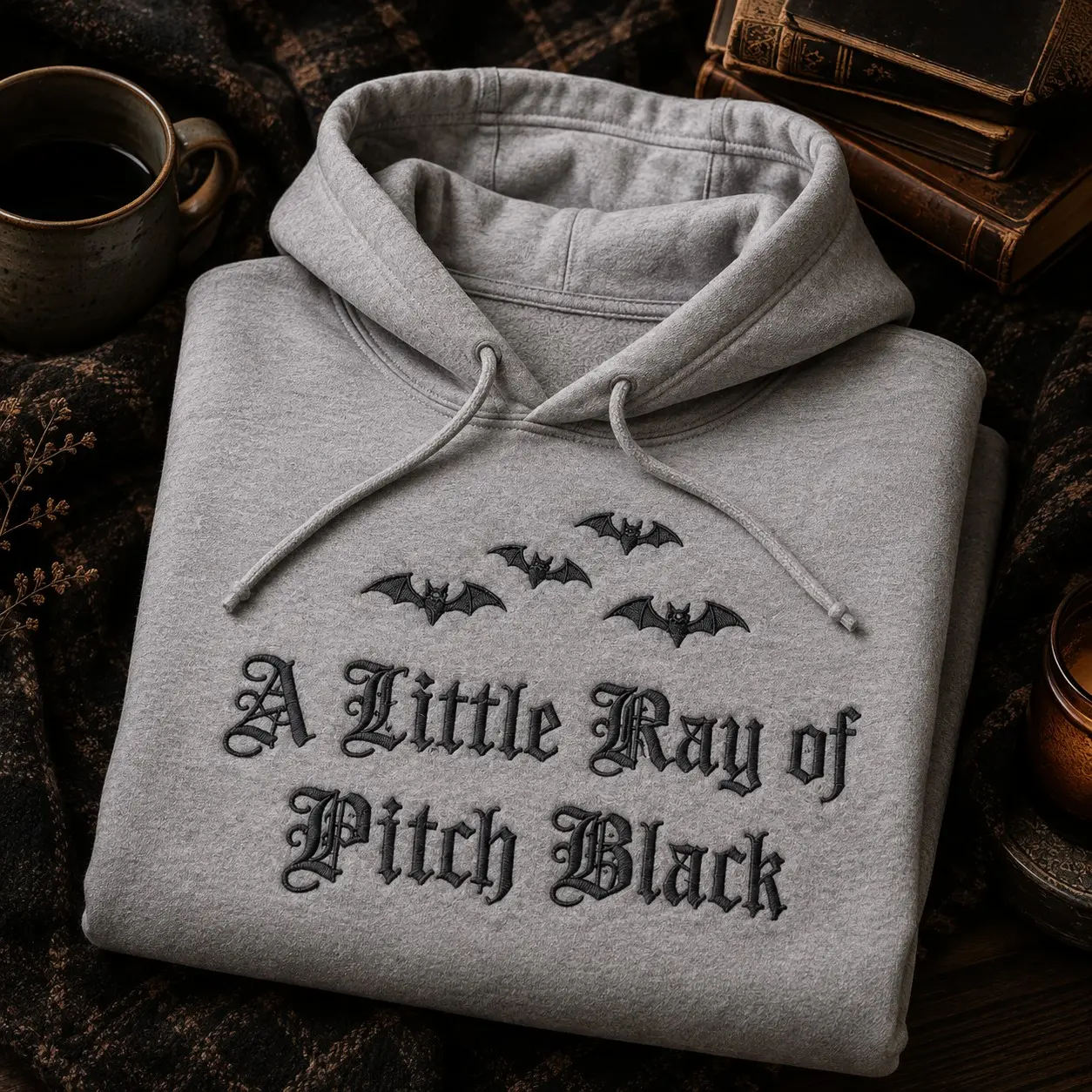 Embroidered Bats A Little Ray of Pitch Black Quarter Zip Hoodie, Gothic October Halloween Party Fleece Gift