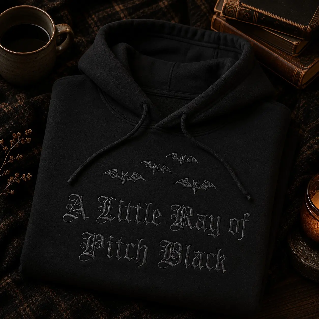 Embroidered Bats A Little Ray of Pitch Black Quarter Zip Hoodie, Gothic October Halloween Party Fleece Gift - photo 2