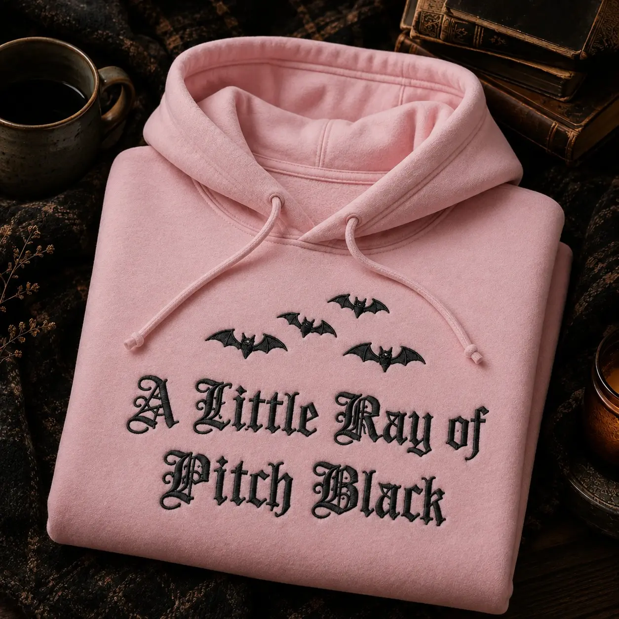 Embroidered Bats A Little Ray of Pitch Black Quarter Zip Hoodie, Gothic October Halloween Party Fleece Gift - photo 3