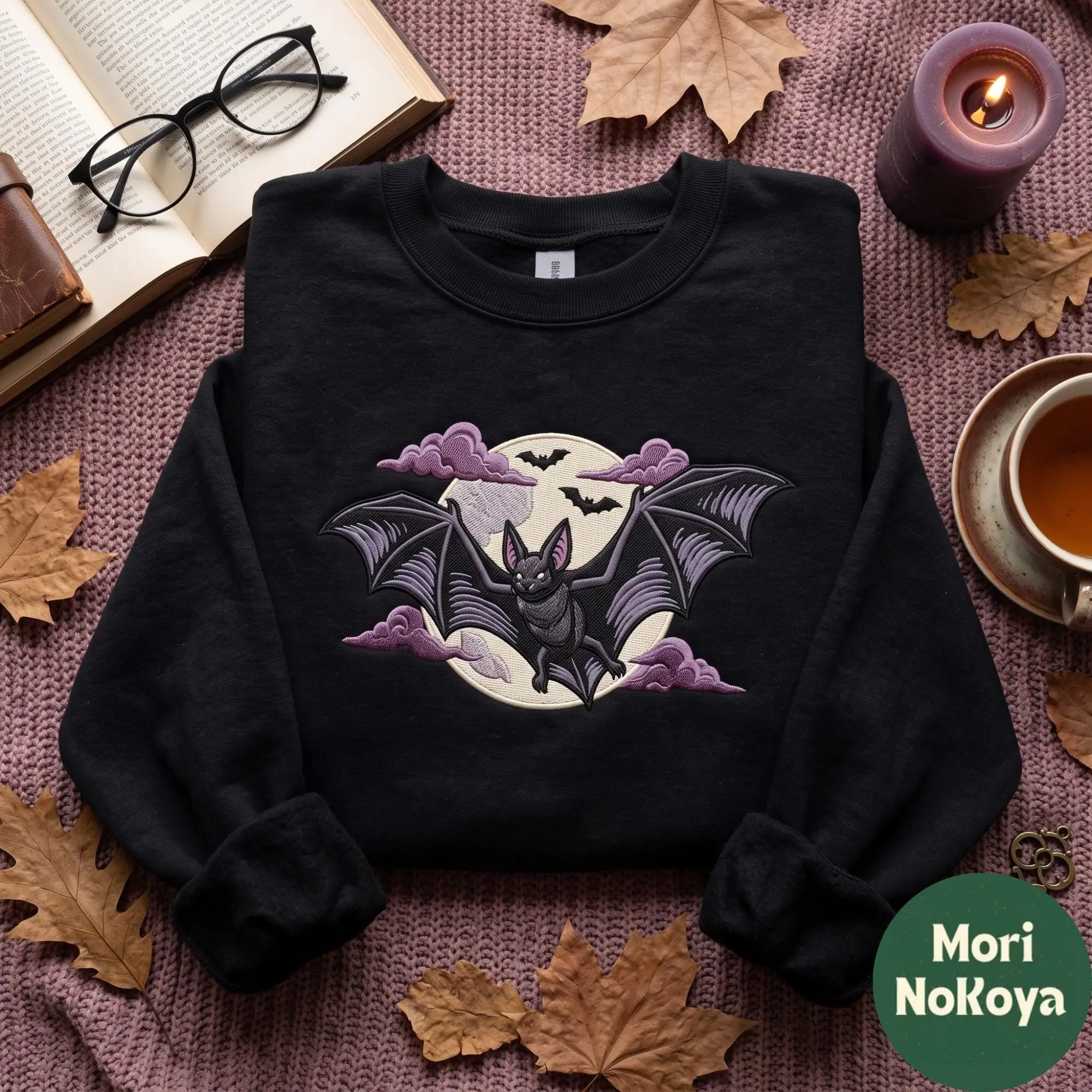 Embroidered Bats Shirt, Gothic Halloween Graphic Tee, Spooky Season Gift