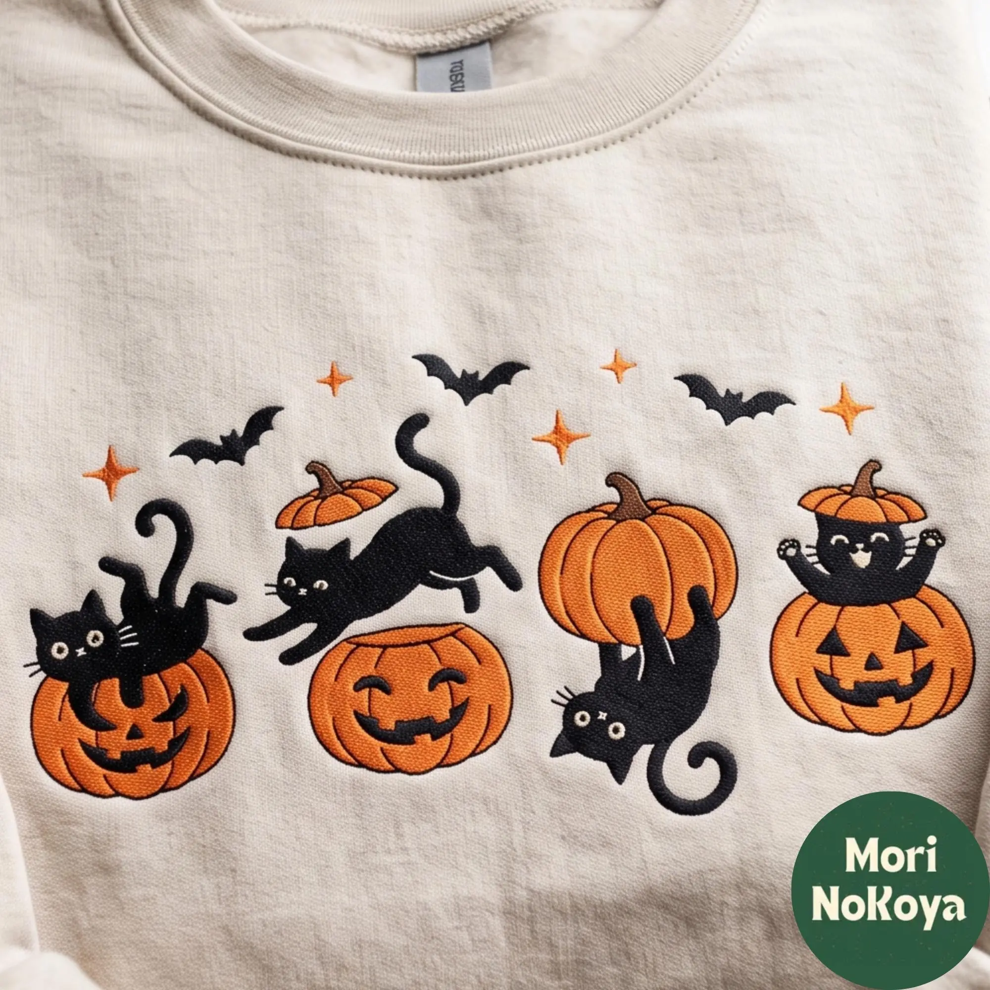 Embroidered Black Cat on Pumpkin Shirt, Womens Halloween Spooky Season Cute Kitty Lover Fall Gift Top - photo 2