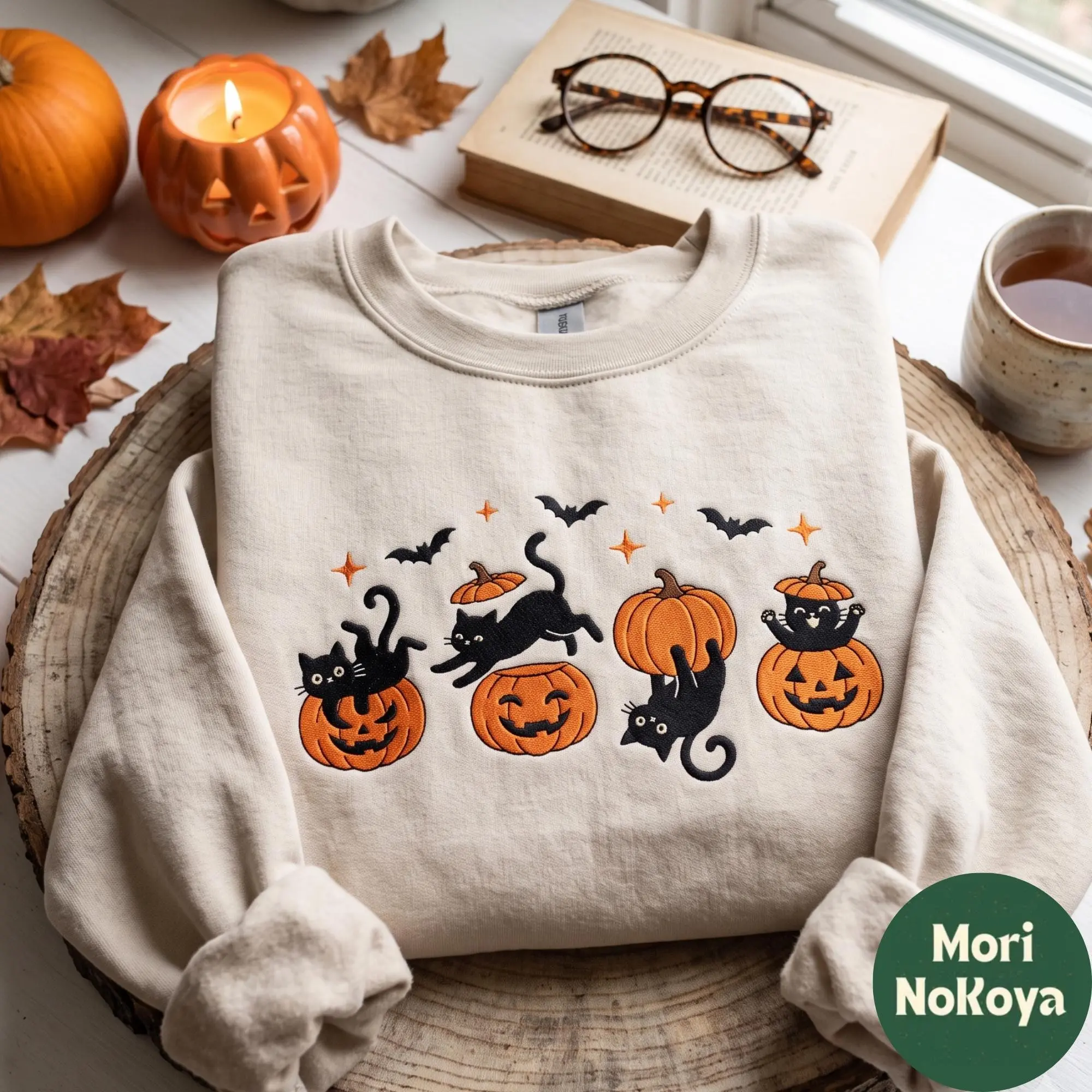 Embroidered Black Cat on Pumpkin Sweatshirt, Womens Halloween Spooky Season Cute Kitty Lover Fall Gift Crewneck - photo 1