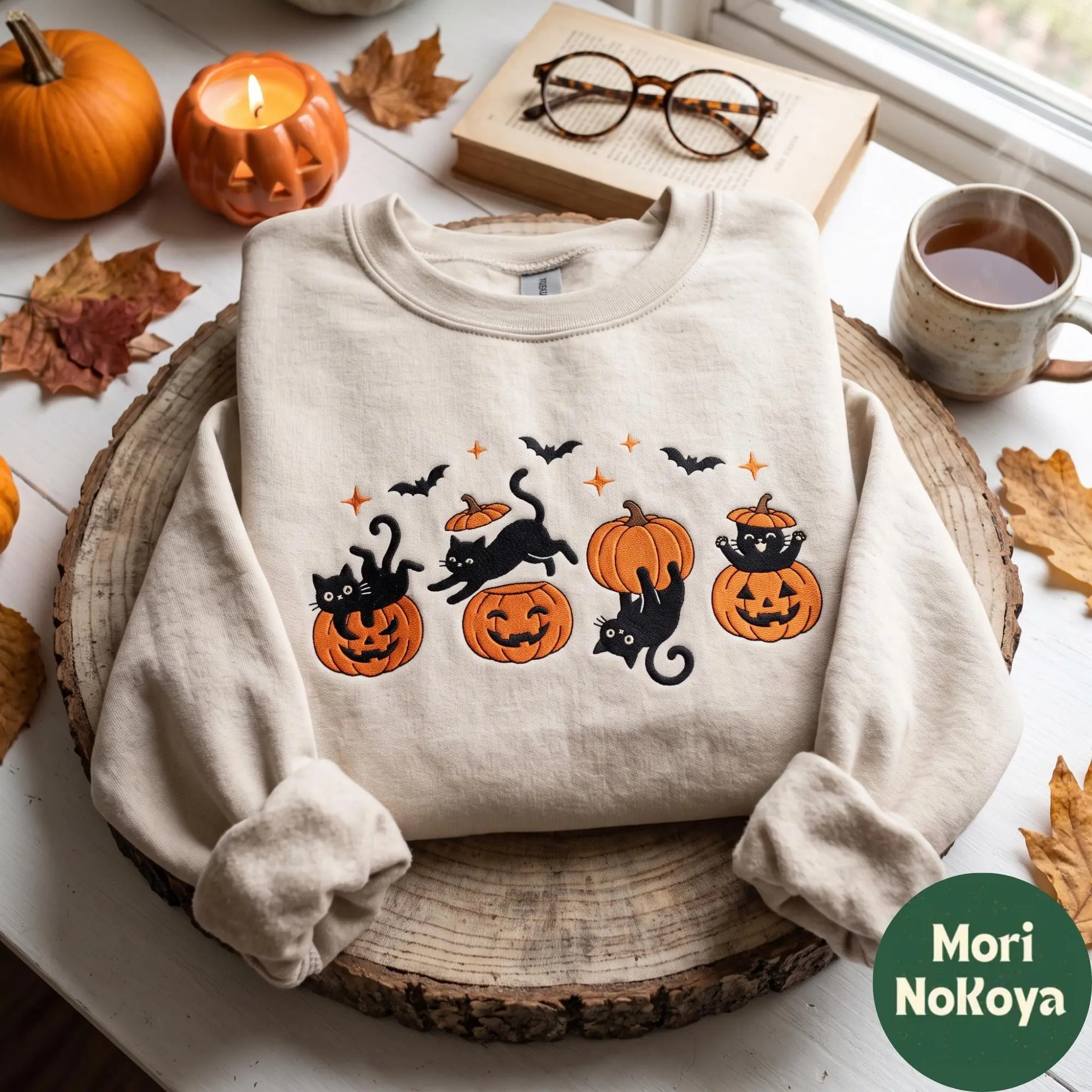 Embroidered Black Cat on Pumpkin Sweatshirt, Womens Halloween Spooky Season Cute Kitty Lover Fall Gift Crewneck - photo 3