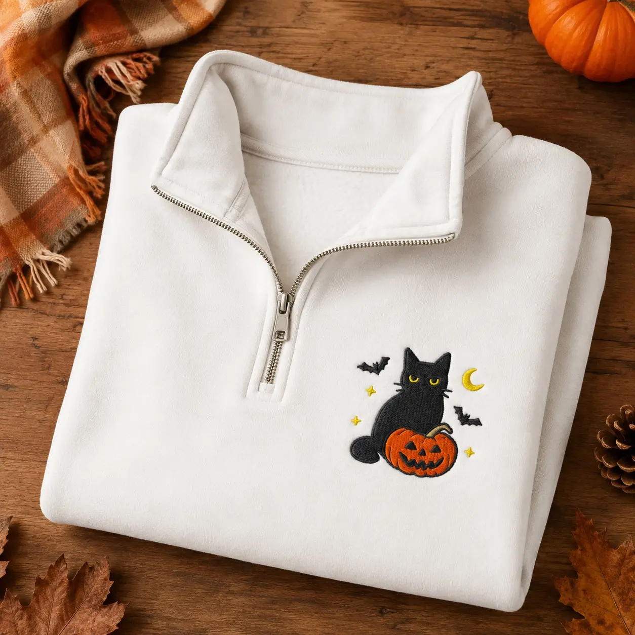 Embroidered Black Cat Pumpkin Bats Zip Sweatshirt, Cute Spooky Halloween October Fleece Pullover For Cat Mom