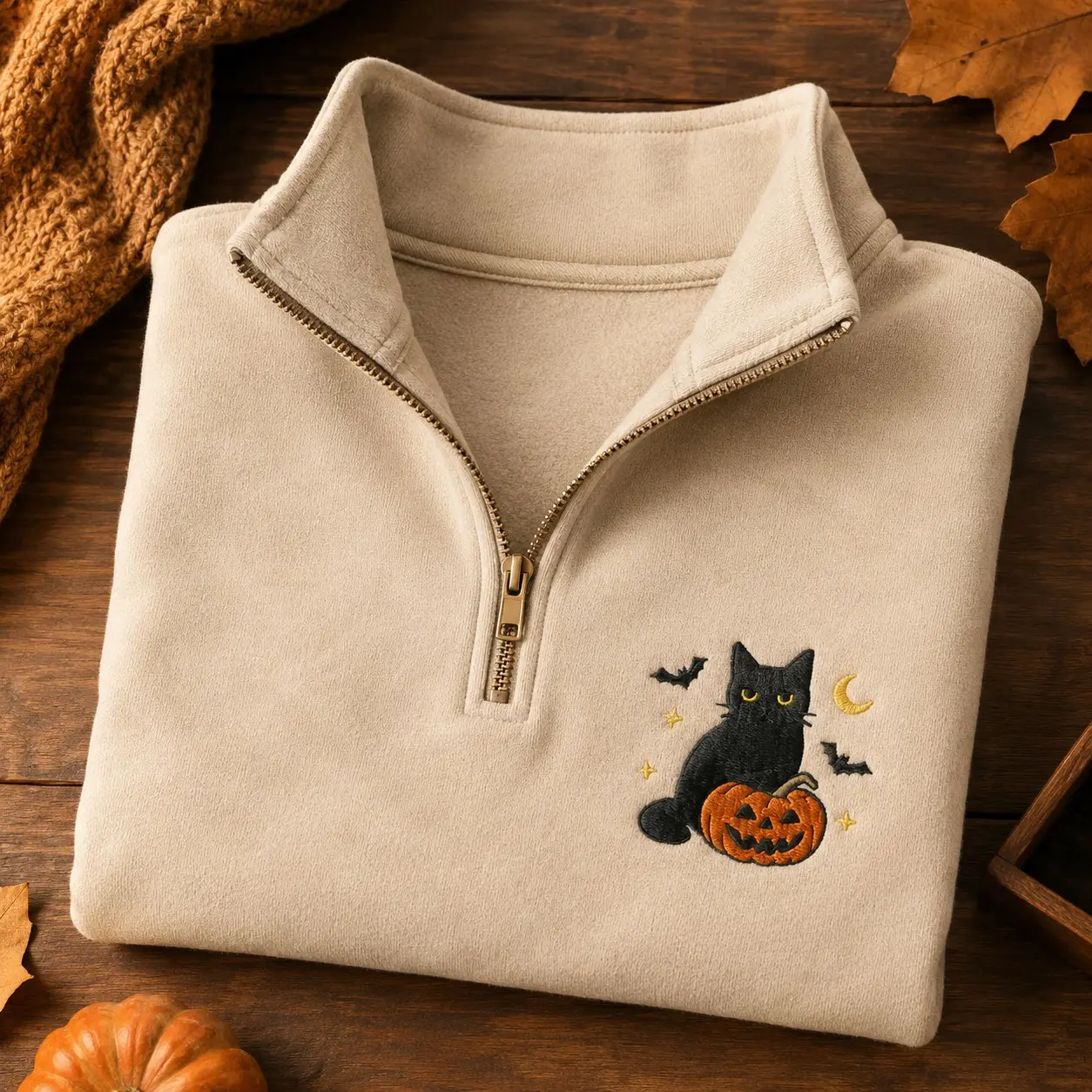 Embroidered Black Cat Pumpkin Bats Zip Sweatshirt, Cute Spooky Halloween October Fleece Pullover For Cat Mom - photo 2