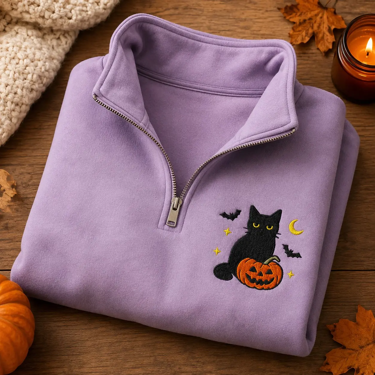 Embroidered Black Cat Pumpkin Bats Zip Sweatshirt, Cute Spooky Halloween October Fleece Pullover For Cat Mom - photo 3