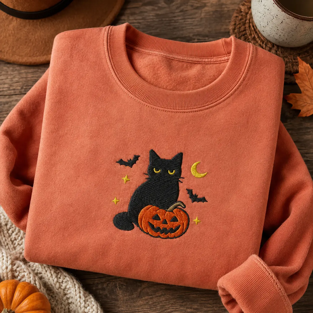 Embroidered Black Cat Pumpkin Sweatshirt, Cute Spooky Halloween Crewneck, Pastel Pink Autumn Jumper, Cozy Fall Top