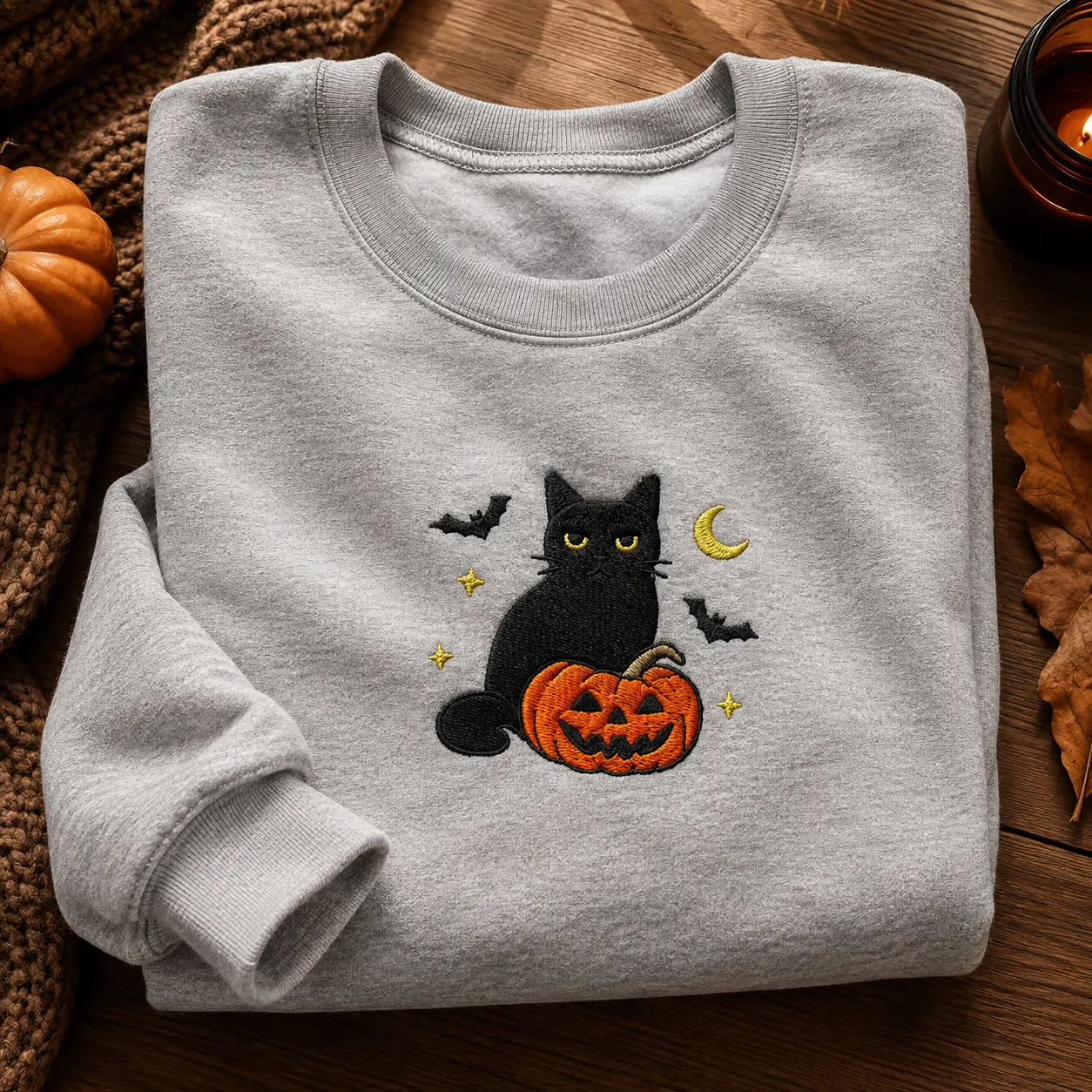 Embroidered Black Cat Pumpkin Sweatshirt, Cute Spooky Halloween Crewneck, Pastel Pink Autumn Jumper, Cozy Fall Top - photo 2