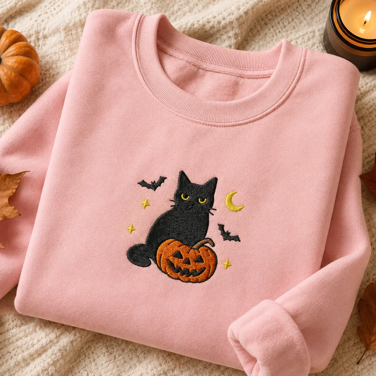 Embroidered Black Cat Pumpkin Sweatshirt, Cute Spooky Halloween Crewneck, Pastel Pink Autumn Jumper, Cozy Fall Top - photo 3
