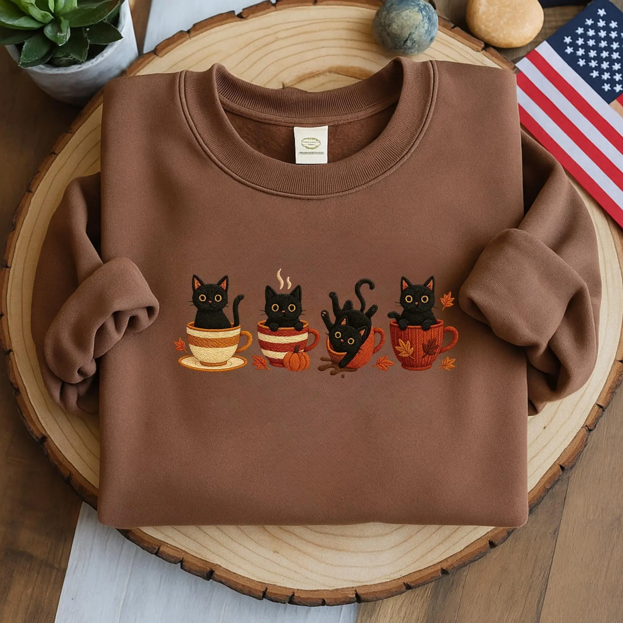 Embroidered Black Cat Sweatshirt for Women, Halloween Pumpkin Fall Cute Lover Graphic Pullover, Cozy Autumn