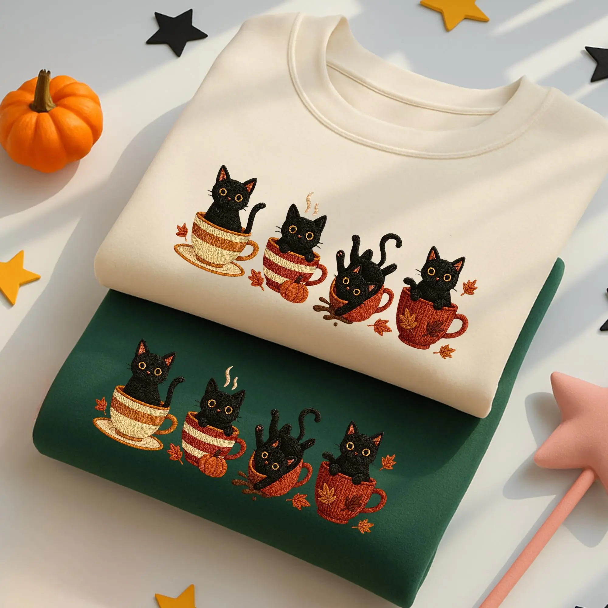 Embroidered Black Cat Sweatshirt for Women, Halloween Pumpkin Fall Cute Lover Graphic Pullover, Cozy Autumn - photo 2