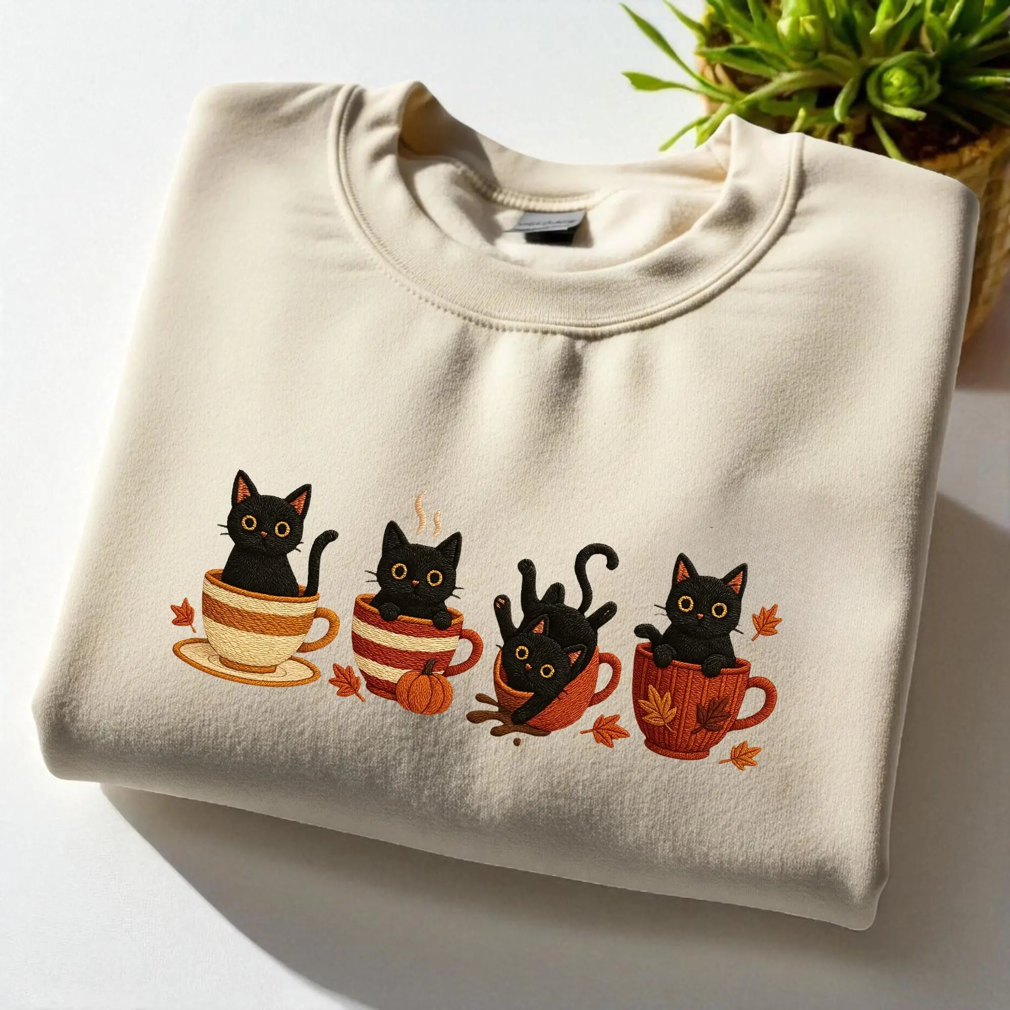 Embroidered Black Cat Sweatshirt for Women, Halloween Pumpkin Fall Cute Lover Graphic Pullover, Cozy Autumn - photo 4