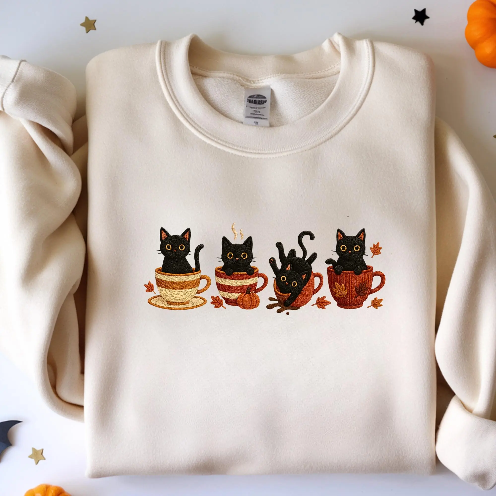 Embroidered Black Cat Sweatshirt for Women, Halloween Pumpkin Fall Cute Lover Graphic Pullover, Cozy Autumn - photo 5